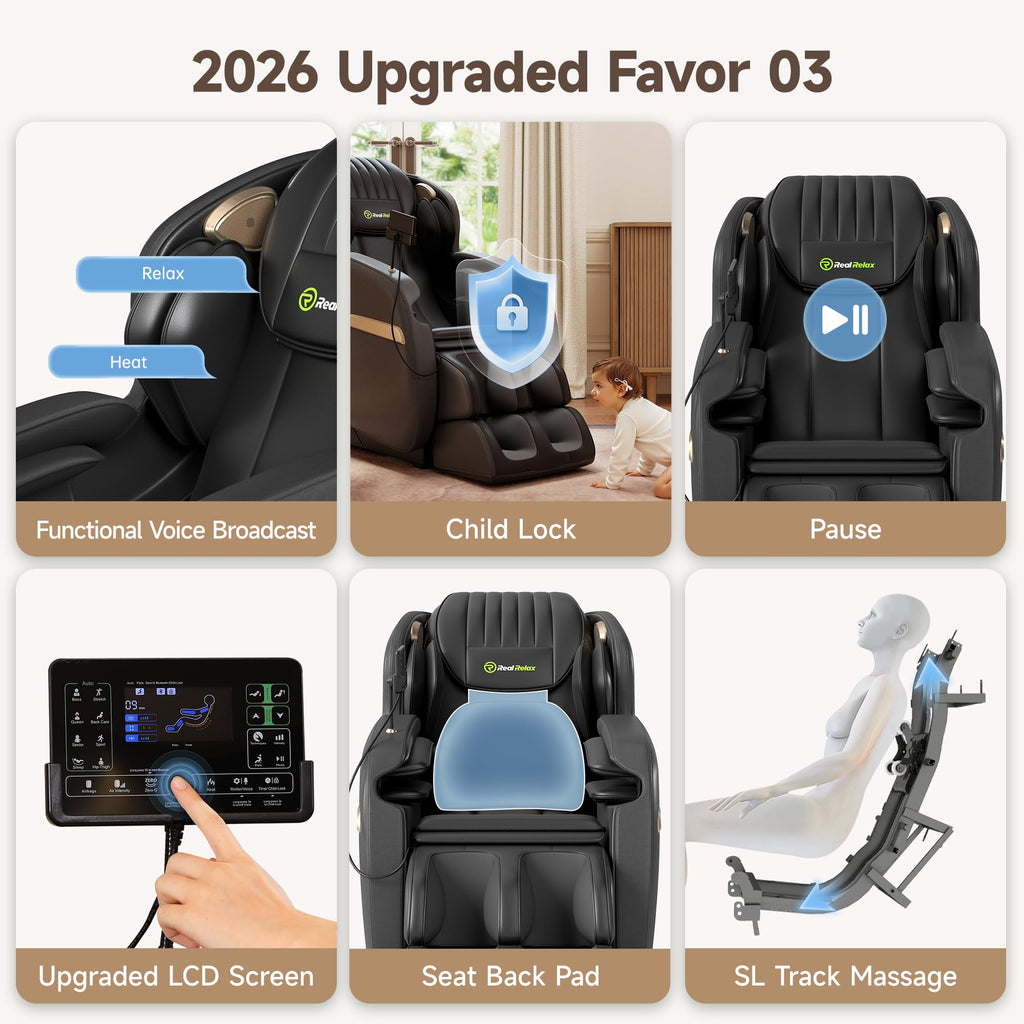 Real Relax 2026 Upgraded 2D SL-Track Massage Chair,Recliner Full Body Zero Gravity with 8 Auto Modes and Upgraded LCD Screen,Added Voice Broadcast,Headrest Cushion,Child Lock and Pause Button,Black