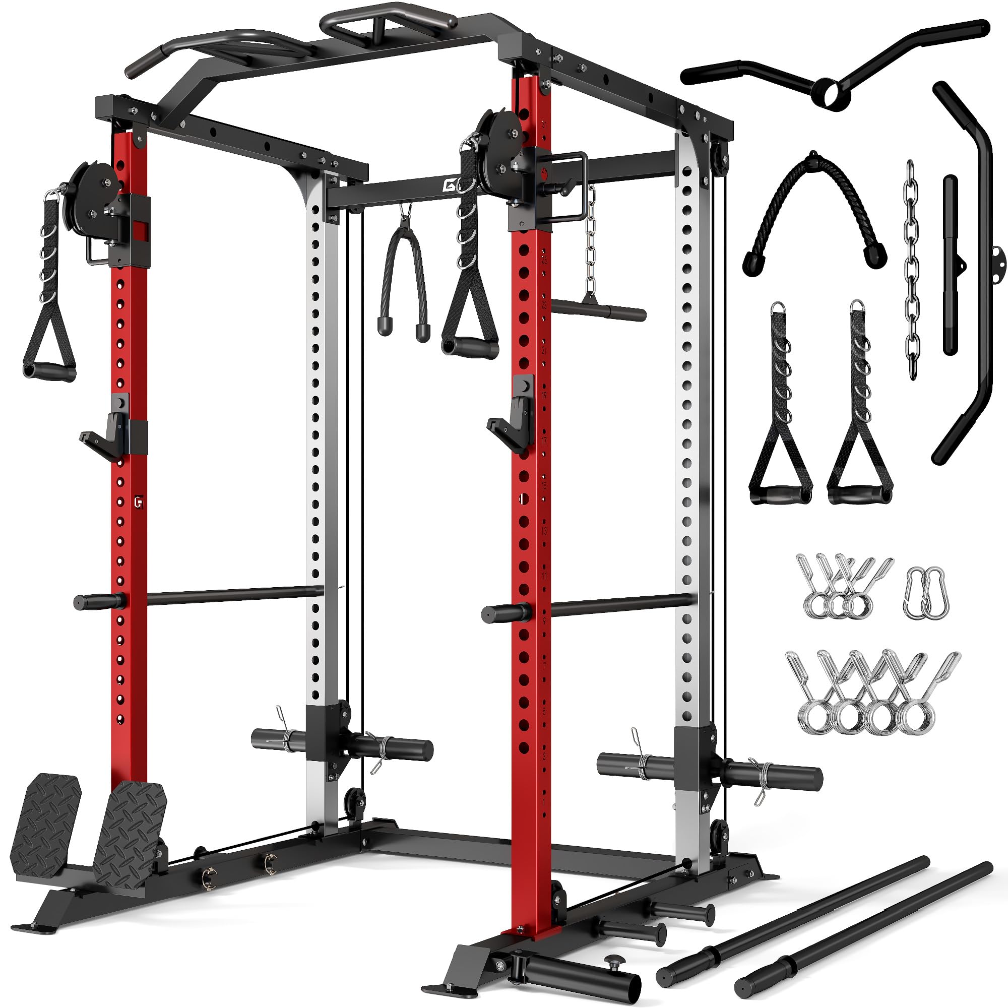 DP01 Power Cage, 2000LBS Squat Rack with with Cable Crossover and Dual Independent Pulley System, Full Cage for Full Body Training, Power Rack with More Training Attachments for Home Gym