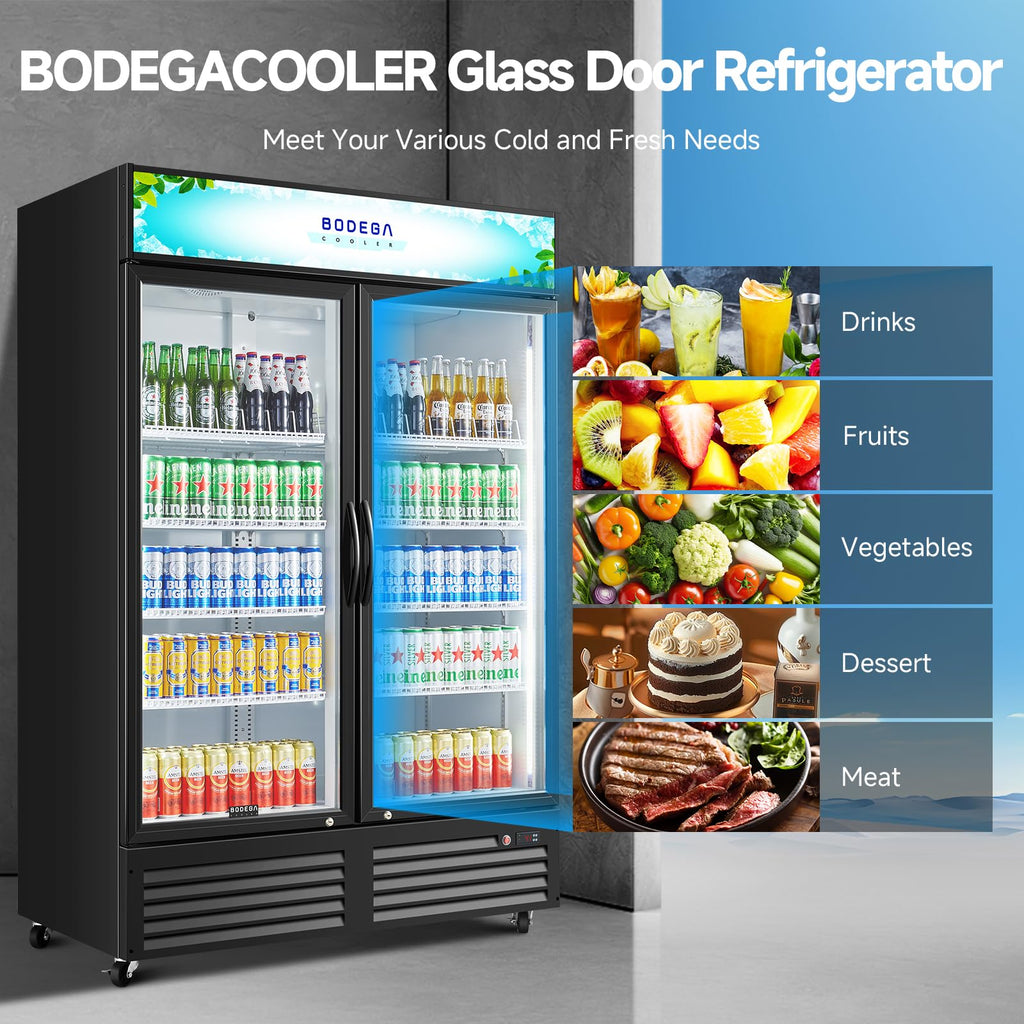 BODEGACOOLER Commercial Merchandiser Refrigerator, 27.02 Cu.Ft Double Glass Door Beverage Cooler, Upright Display Refrigerator with Soft LED Light, Adjustable Shelves, 4 Heavy-Duty Casters, Black