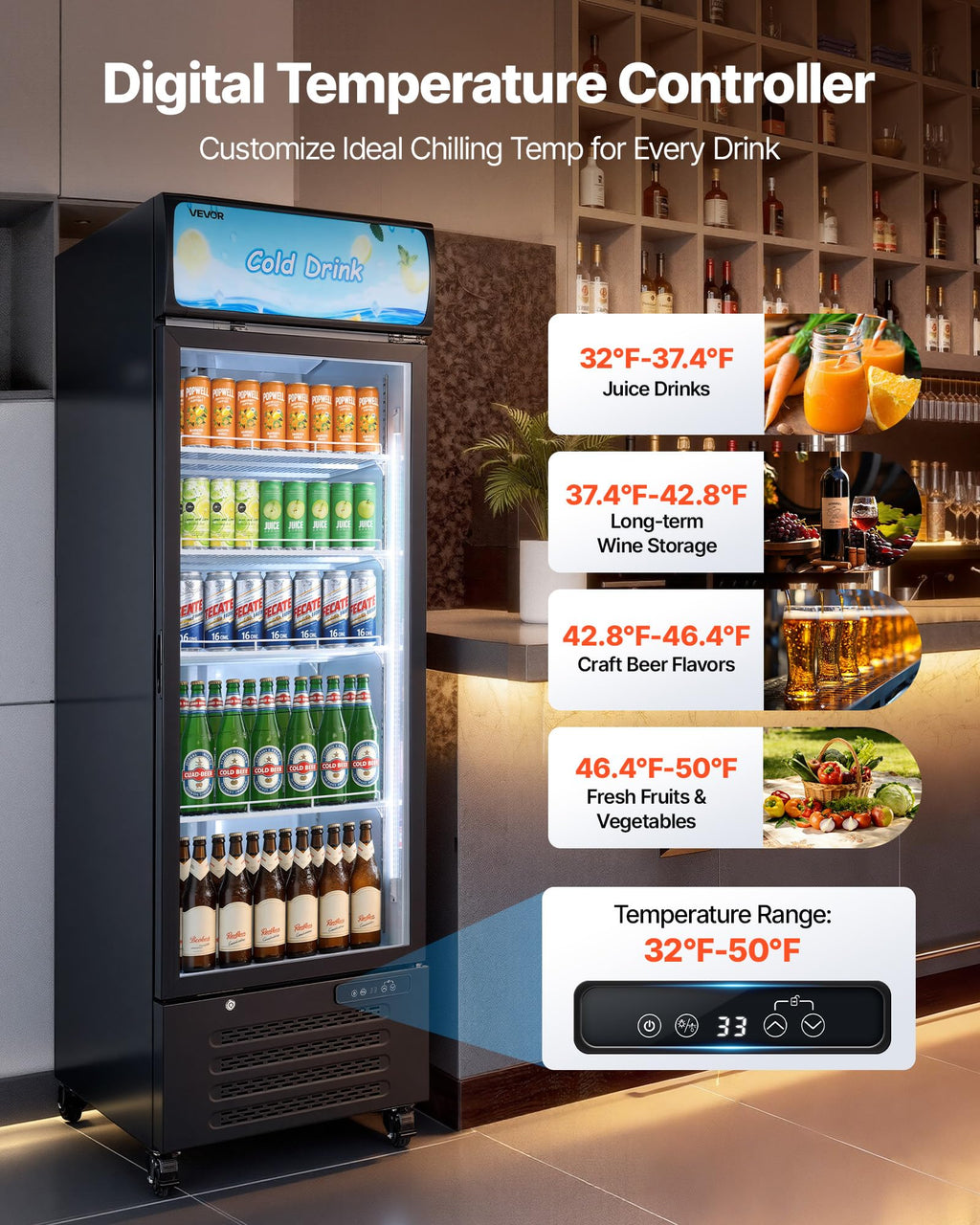VEVOR Commercial Merchandiser Refrigerator, 6.9 Cu.Ft / 195L Glass Door Display Refrigerator, Upright Beverage Cooler Fridge with 4 Adjustable Shelves, Soft LED Light & Casters for Homes Shops Bars