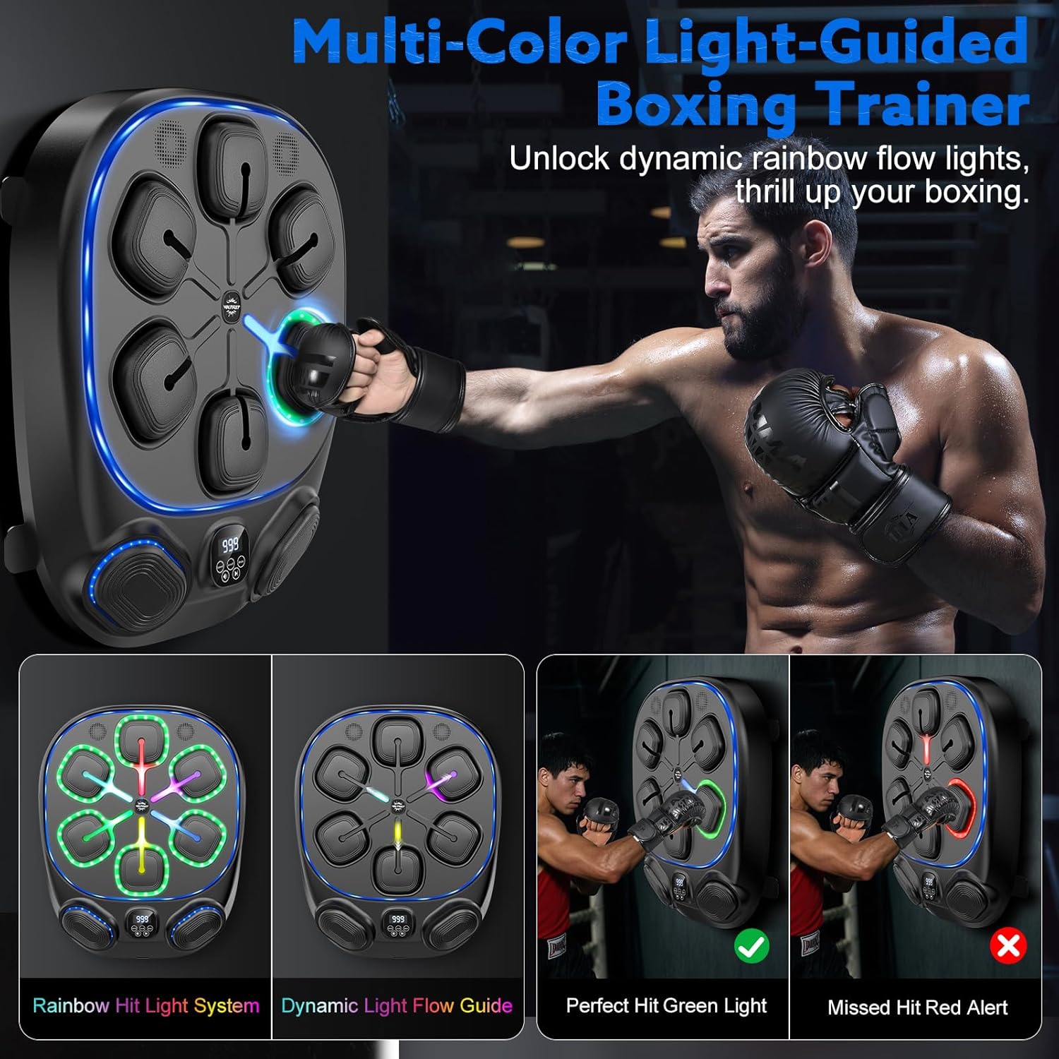 Music Boxing Machine for Kids and Adults, 8 Interactive RGB Light Targets with Bluetooth Speaker, Large Wall Mounted Boxing Music Workout Machine with Gloves, Smart Punching Pad for Home Gym