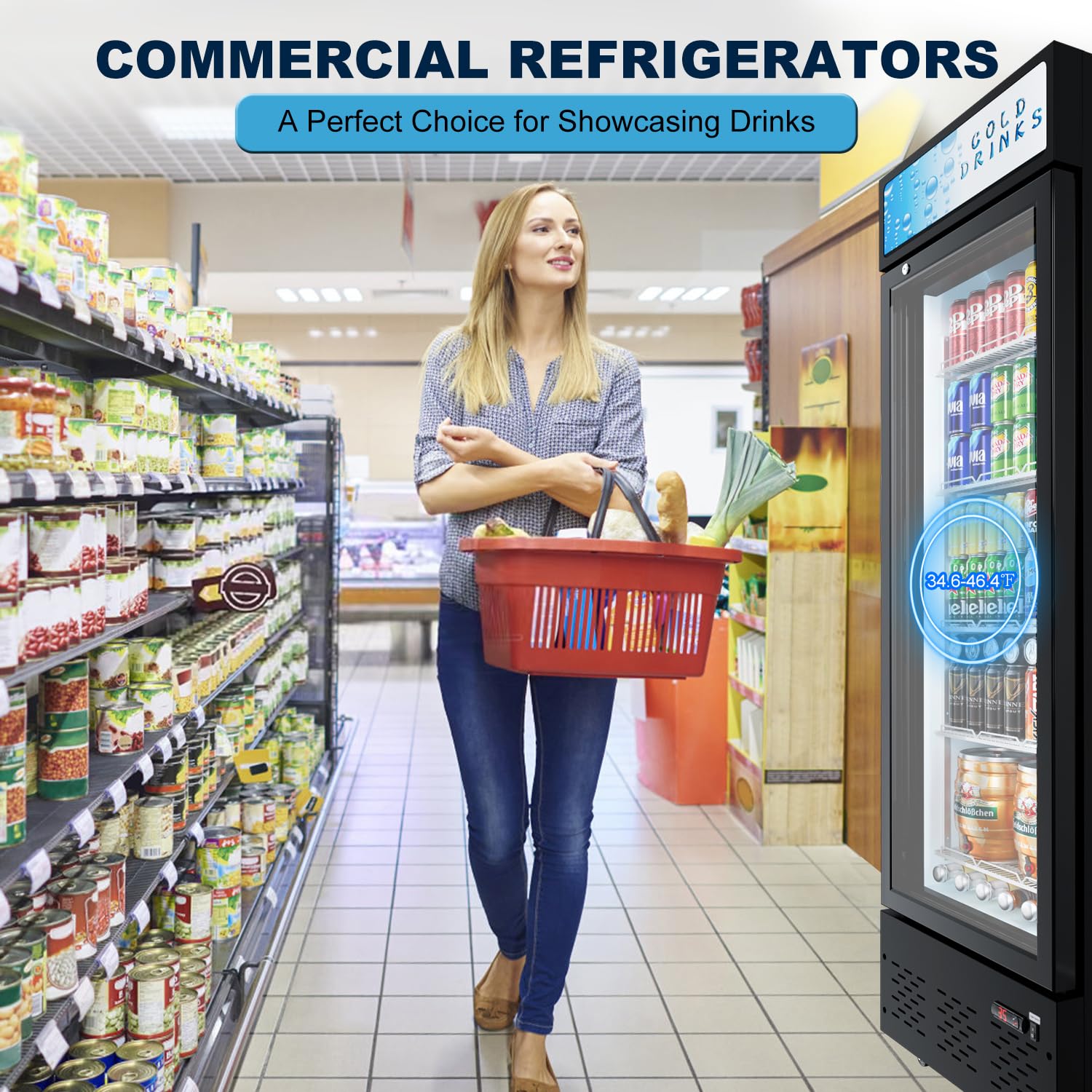 25.7'' W Commercial Refrigerators with Glass Door, 15 Cu.ft. Beverage Refrigerators Commercial Fridge Upright Display Cooler with Soft LED Light and Adjustable Shelves for Restaurant Stores