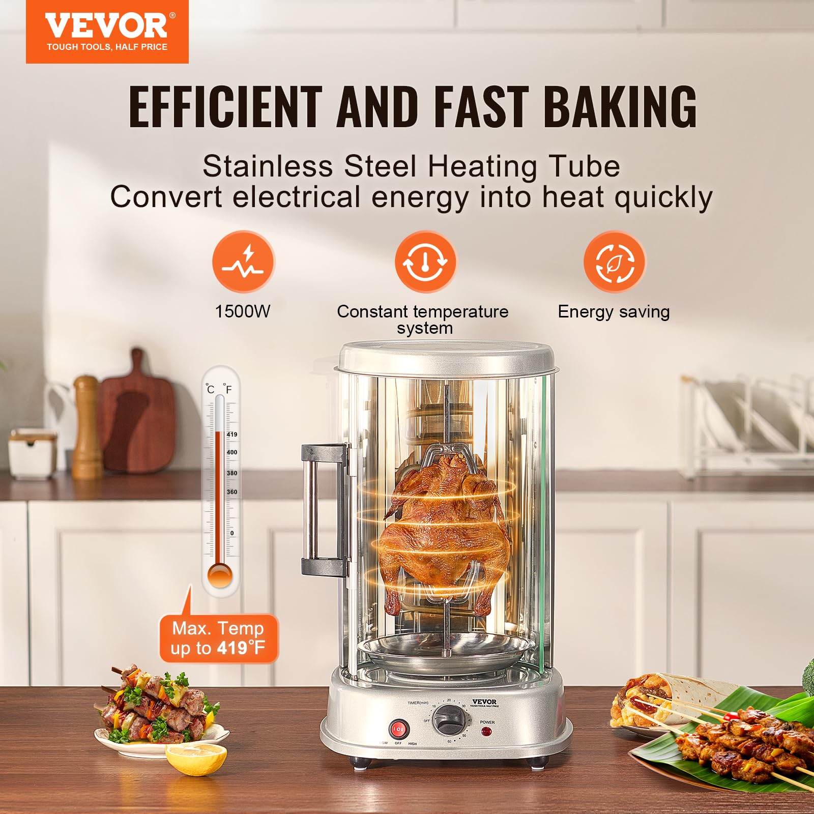 VEVOR Shawarma Grill Machine, Chicken Shawarma Cooker Machine Countertop, Electric Stainless Steel Broiler Gyro Rotisserie Oven Doner Kebab Machine, for Home Restaurant Kitchen Parties