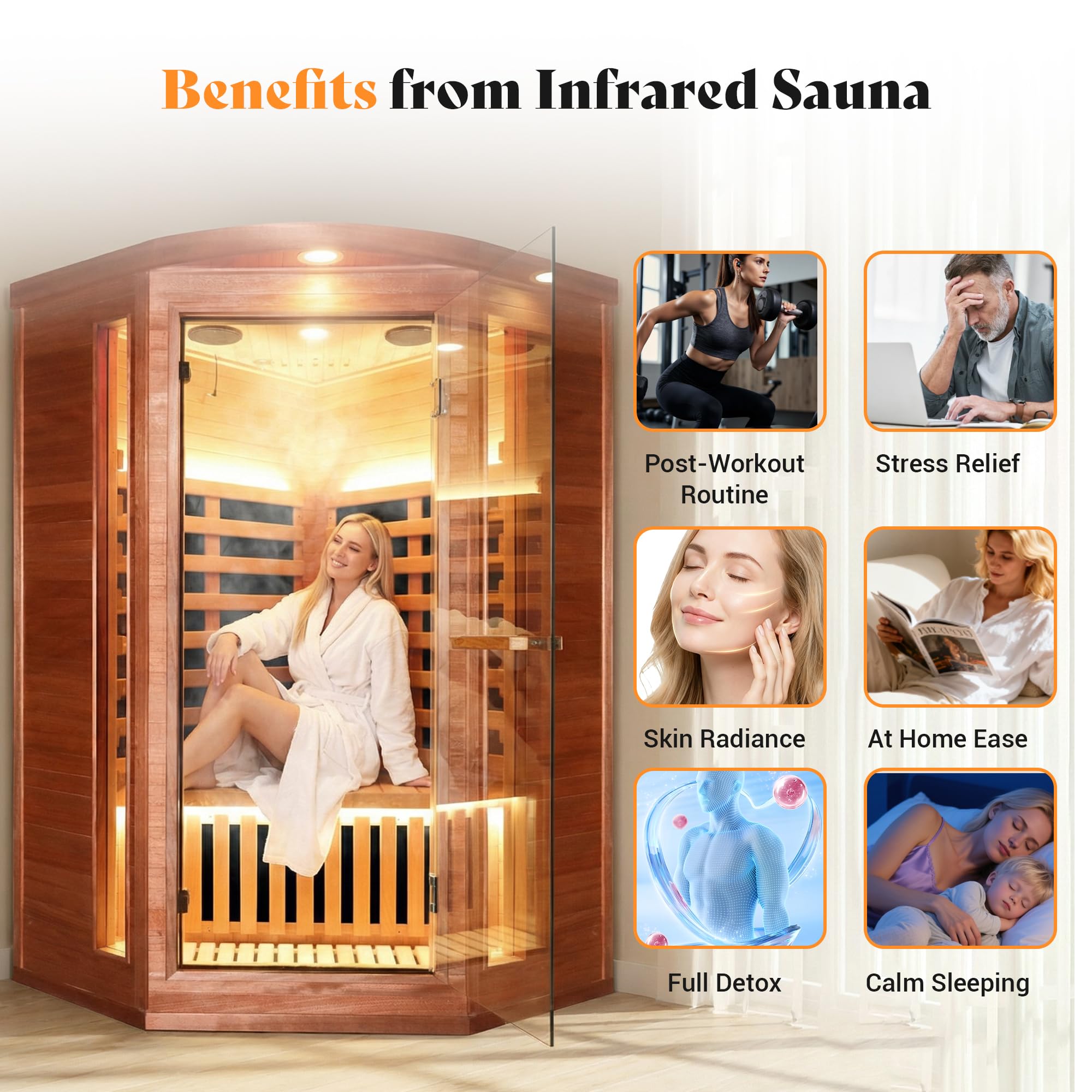 2 Person Infrared Sauna Far Infrared Sauna Room for Home Indoor 2000W Low-EMF Wood Dry Sauna with Full Starry Sky Lights Ceiling in 7 Color Speaker Fast Heating Easy Assembly- 47.3*41.3*74.8 IN