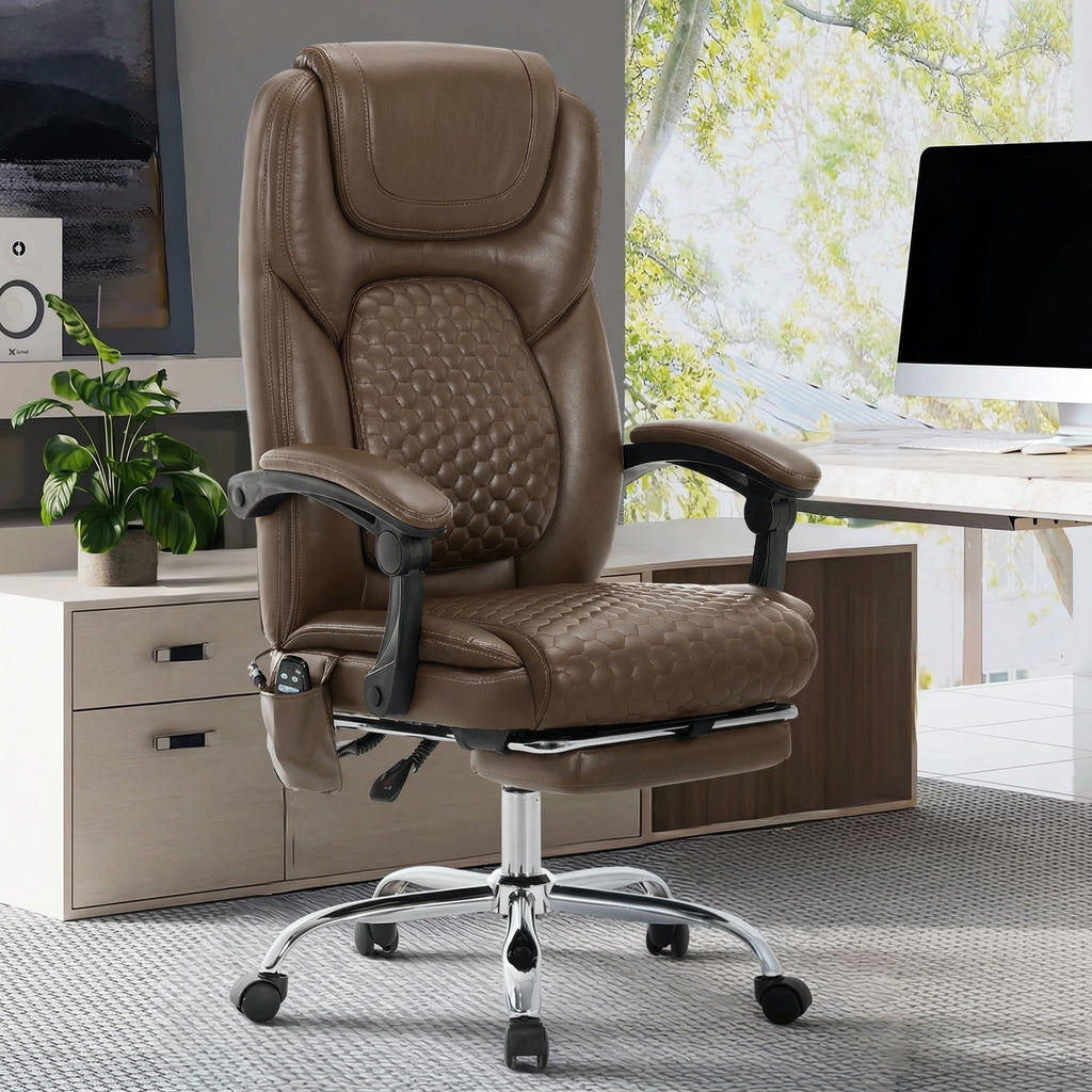 MALOL Massage Office Chair with Heat and Footrest - 3-Level 65°C Targeted Heating, 20-Min Easy Assembly Leather Desk Chair, Big and Tall Executive Computer Chair with Side Pocket, 300 lbs, Beige