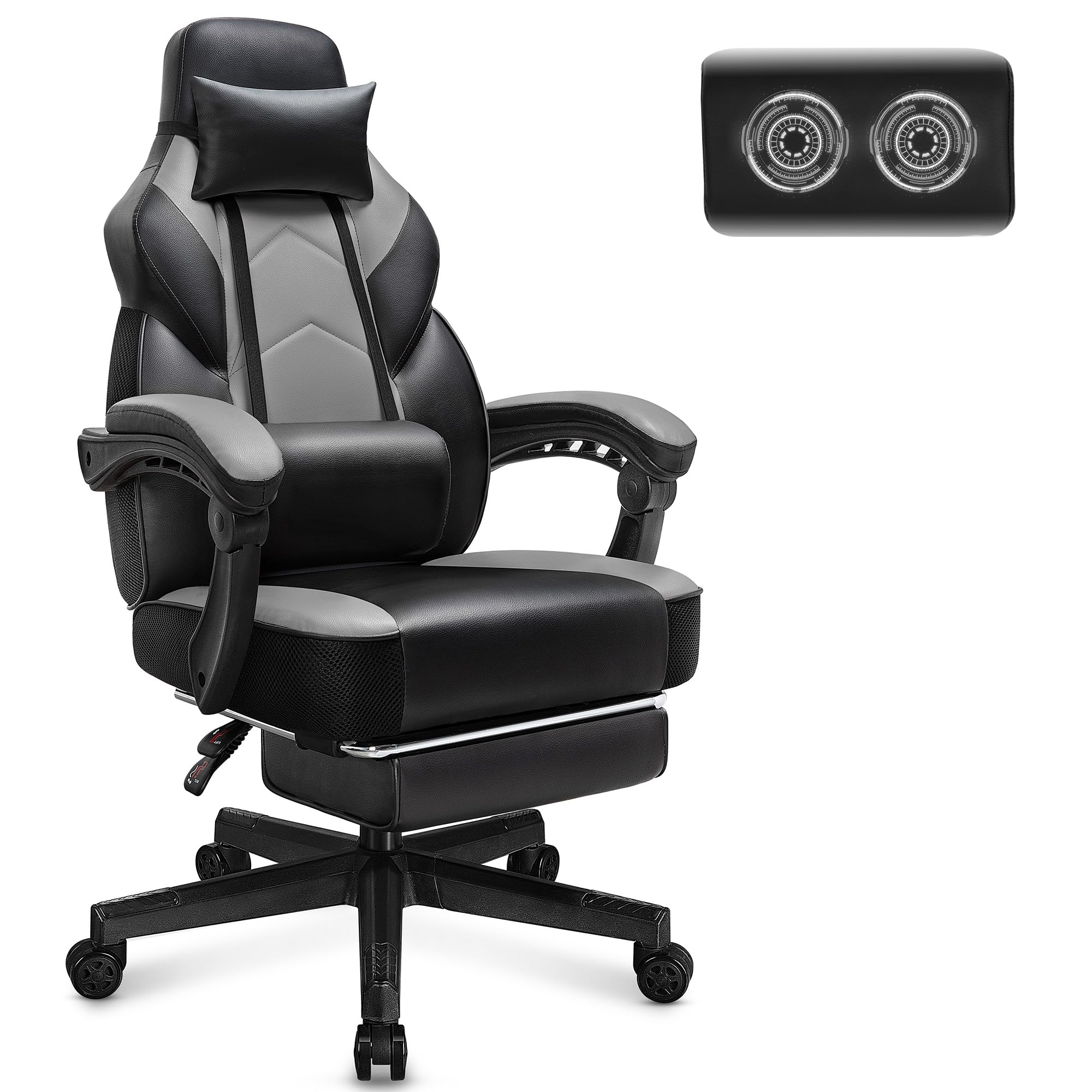 Gaming Chair for Adult, Computer Chair with Footrest Video Game Chair Big and Tall Gaming Chair with Massage Lumbar Support, Adjustable Height and 360° Swivel Seat(Grey)
