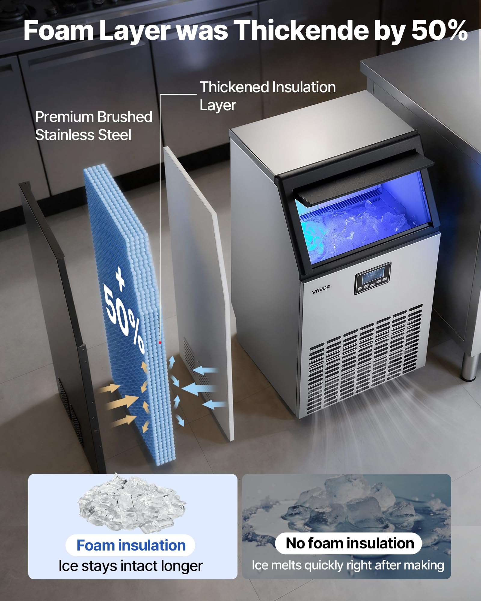 VEVOR Commercial Ice Maker Machine with Pump, 360 lbs/24h with 85 lbs Storage Capacity, Built-in/Freestanding/Under Counter, Stainless Steel Ice Maker with LED Display & Self-Cleaning, for Home Bar