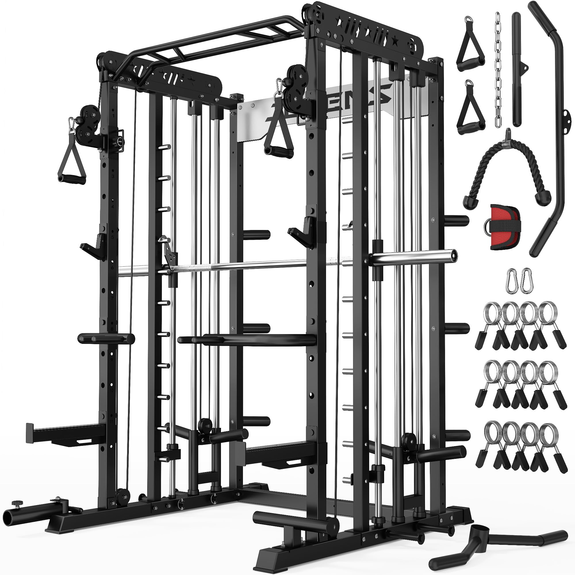 JELENS Smith Machine for Home Gym, Multi-Function M12 Power Cage with Cable Crossover System, Squat Rack with Smith Bar and More Attachment