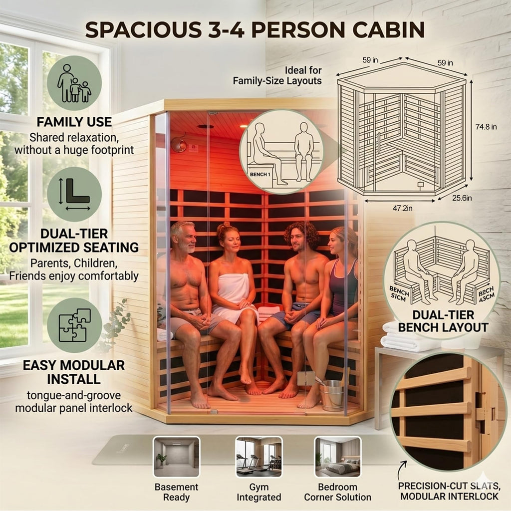 1350W Far Infrared Home Sauna, Energy-Efficient Fast-Heating Indoor Sauna Room with Bluetooth & 7-Color Therapy, Canadian Hemlock Wood, Modular Design - Ideal for Home Gym, Family Relaxation