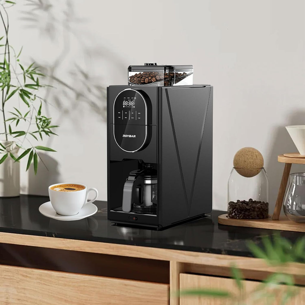 Coffee Maker with Grinder, Programmable Hot and Cold Coffee Maker with 22 oz Glass Carafe, Adjustable Fully Automatic grind and brew Coffee Machine with Timer, Black Americano Iced Coffee Machine