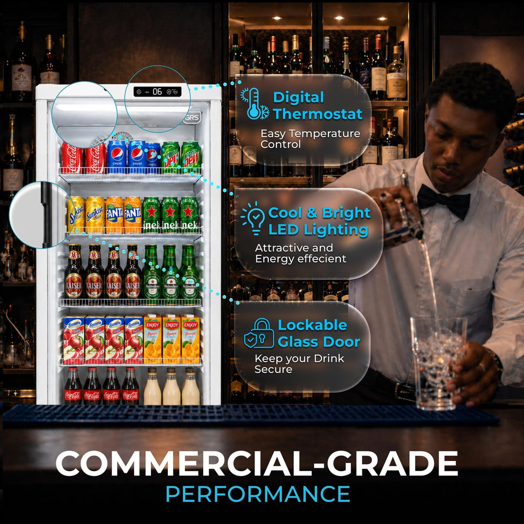 GRS Commercial Display Refrigerator with Glass Door Lock | Cool Air Flow & Temperature | Beverage fridge, Drink and Wine Cooler with Adjustable Display Shelf for Stores and Bars | Black, 7.1 Cu. Ft