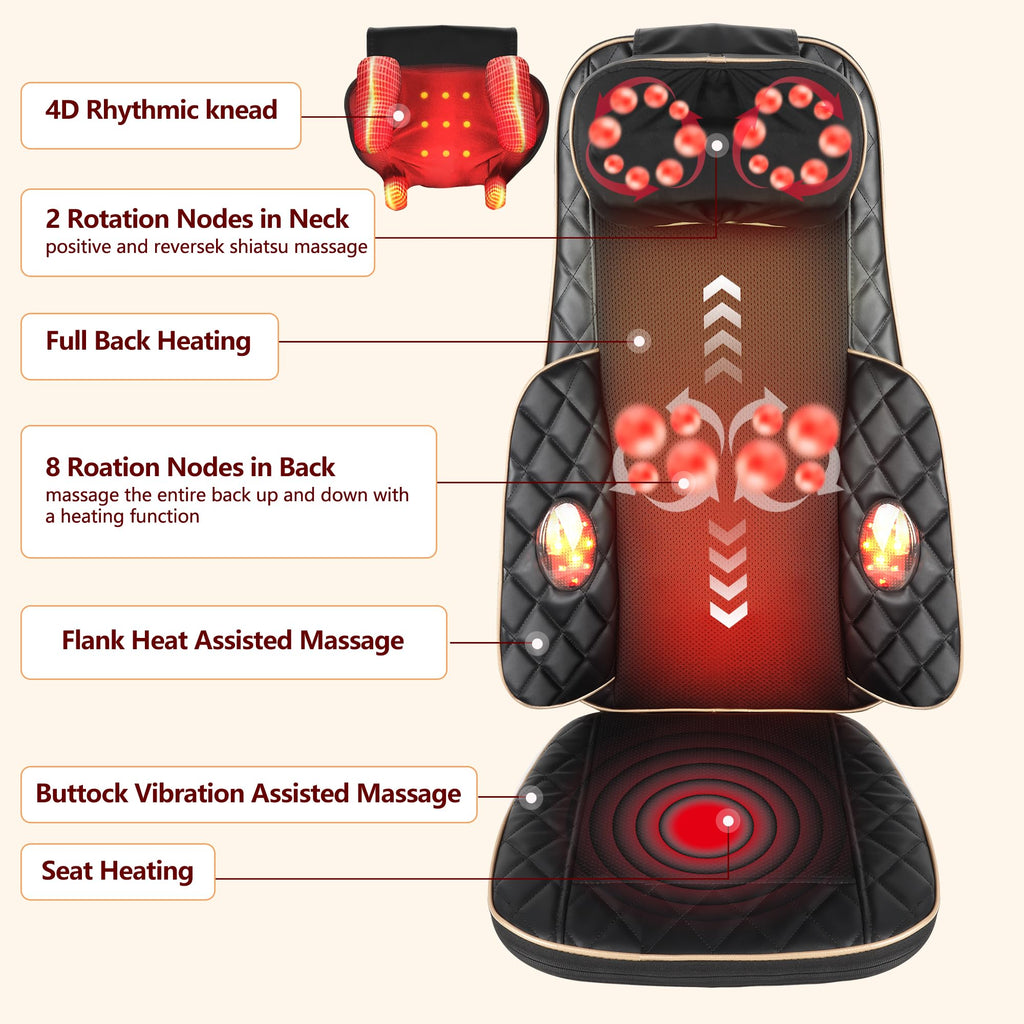 Neck and Back Massager with Heat, Shiatsu Full Back Chair Massager with 2 Detachable Neck Massage Heads, Height Adjustable Deep Kneading & Rolling Back Massage, Seat Vibration for Home Office Gifts