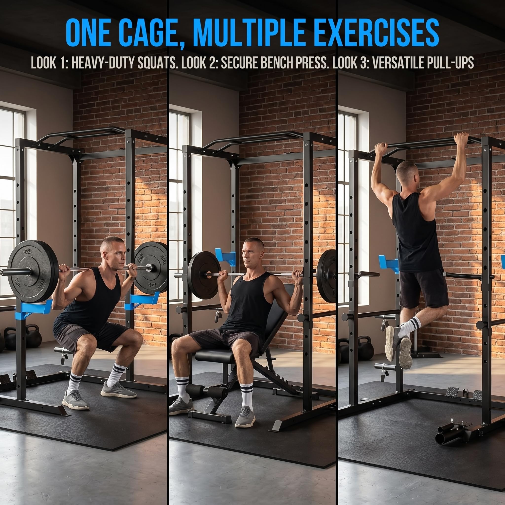 KOPUS Power Rack with Pulley System – Multi-Functional Power Cage Squat Rack, LAT Pull Down, J Hooks & Safety Bars – 1200 lbs Home Gym Equipment – 5 Configurations
