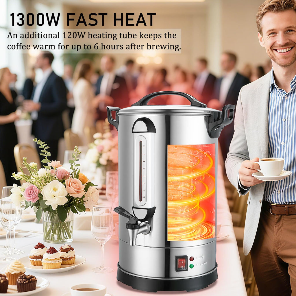 Fattong's Lab Commercial Coffee Urn, 120 Cup/20L Large Coffee Maker for Catering & Events, Stainless Steel Percolator, 1300W Quick Brew Hot Water Dispenser with Double Wall Insulation, Silver