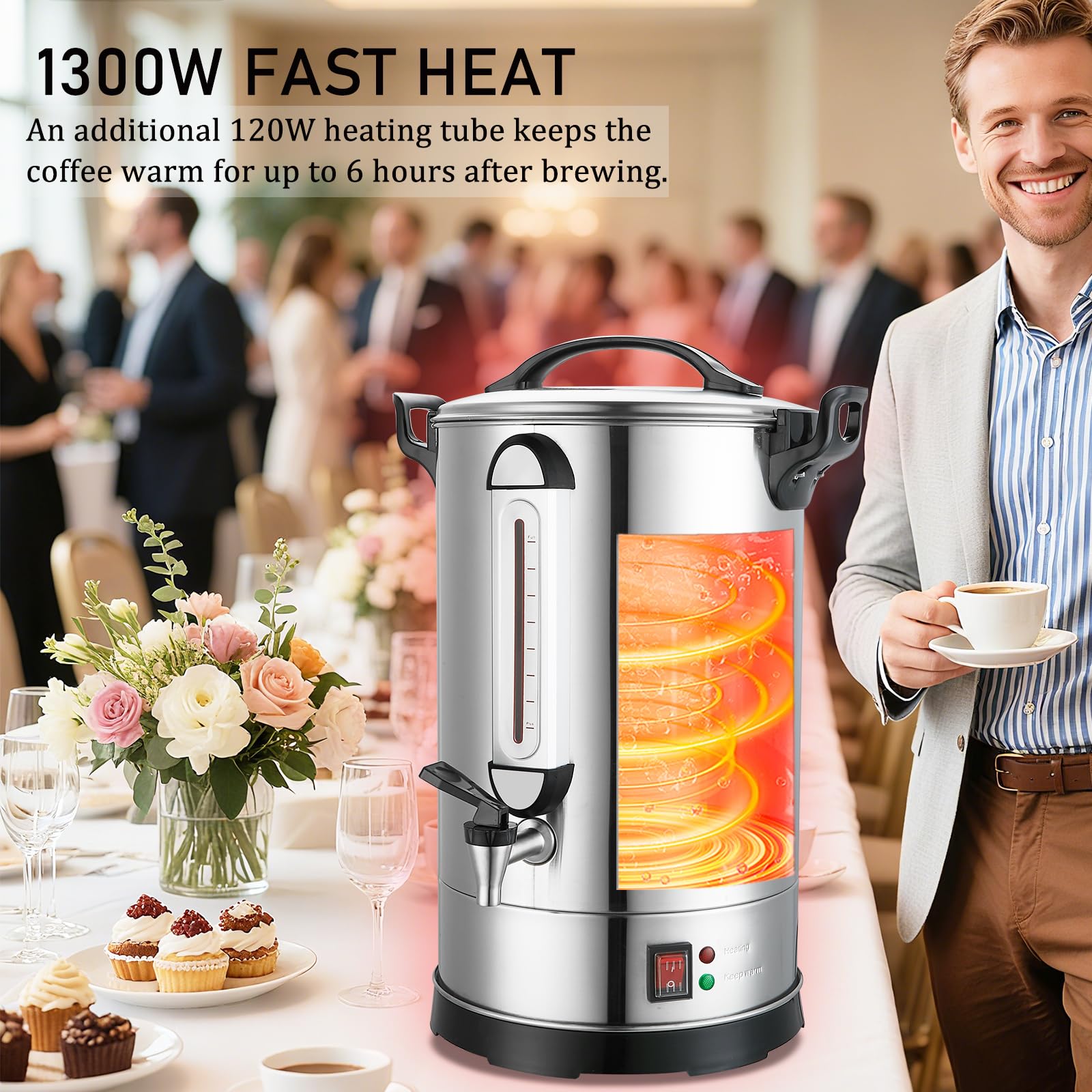 Fattong's Lab Commercial Coffee Urn, 120 Cup/20L Large Coffee Maker for Catering & Events, Stainless Steel Percolator, 1300W Quick Brew Hot Water Dispenser with Double Wall Insulation, Silver