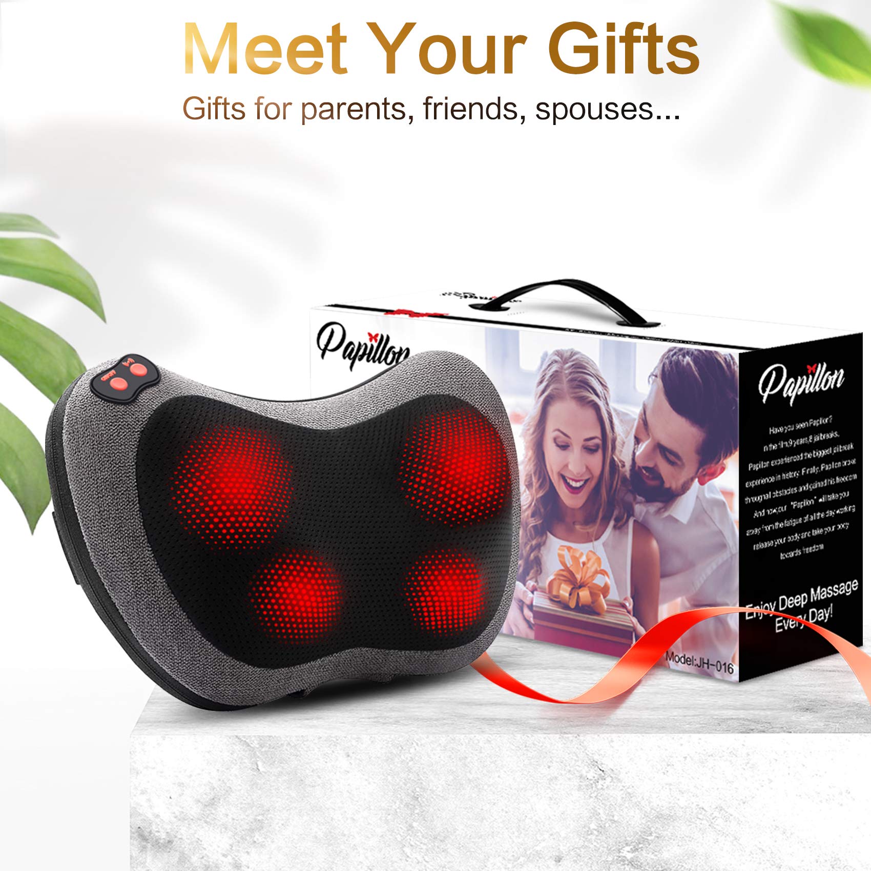 Papillon Shiatsu Back Massager with Heat,Fathers Day Dad Gifts for Men, Dad, Deep Tissue Massage for Neck, Shoulder, Upper & Lower Back Pain Relief, Electric Kneading 3D Massage Pillow (Gray)