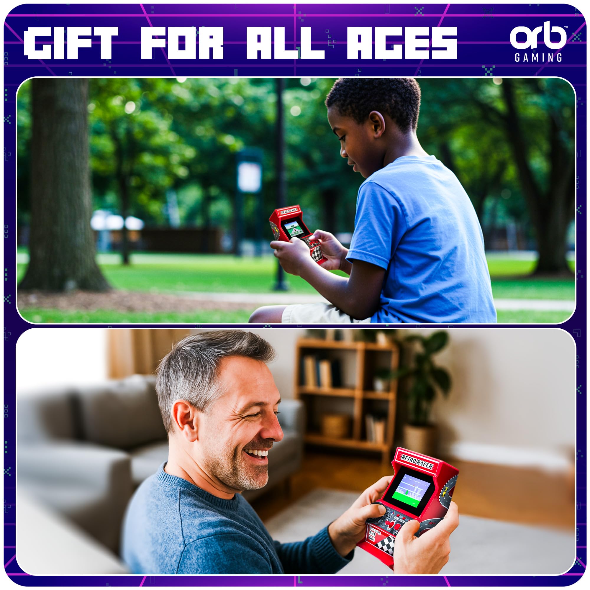 Mini Arcade Machine, 240 Built-in 8-Bit Games, 2.5” Full Colour Screen, 8-Way Joystick, Handheld Retro Games Console – Orb Gaming by ThumbsUp!