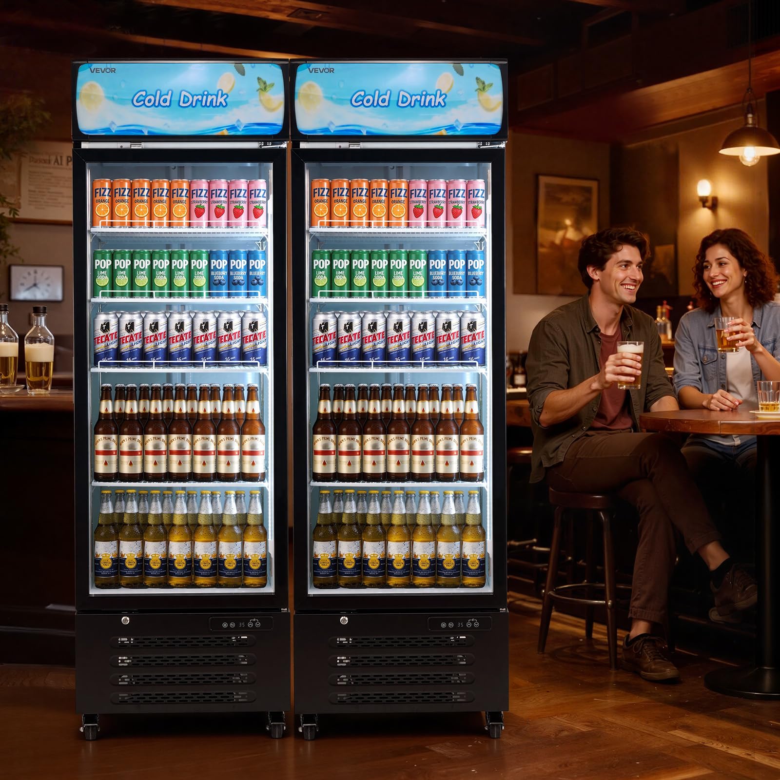 VEVOR Commercial Merchandiser Refrigerator, 6.9 Cu.Ft / 195L Glass Door Display Refrigerator, Upright Beverage Cooler Fridge with 4 Adjustable Shelves, Soft LED Light & Casters for Homes Shops Bars