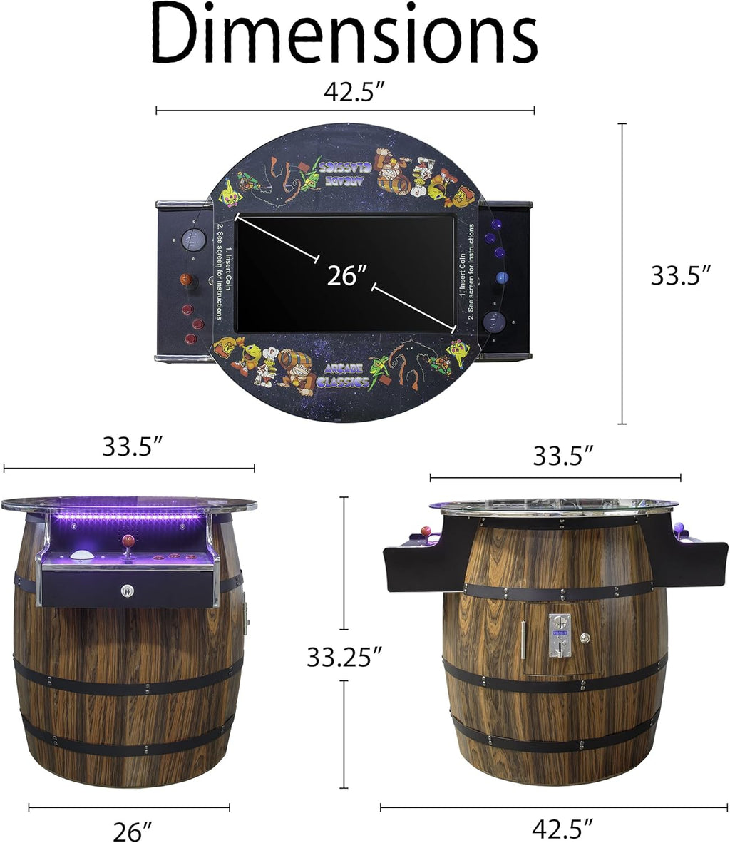 Retro Barrel Style Arcade Game – 2 Player Cocktail Cabinet with 516 Classic Games – 26" LCD Screen, Trackball Controls, Adjustable LED Lights – Pre-Assembled Heavy-Duty Coin/Free Play Cabinet