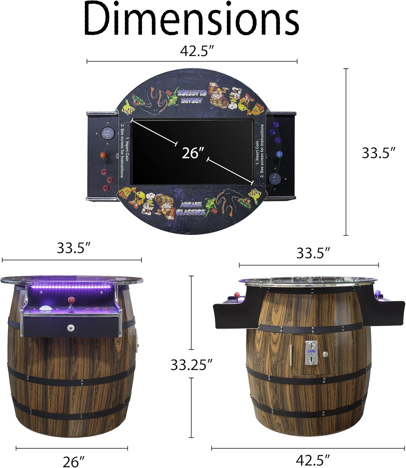 Retro Barrel Style Arcade Game – 2 Player Cocktail Cabinet with 516 Classic Games – 26" LCD Screen, Trackball Controls, Adjustable LED Lights – Pre-Assembled Heavy-Duty Coin/Free Play Cabinet