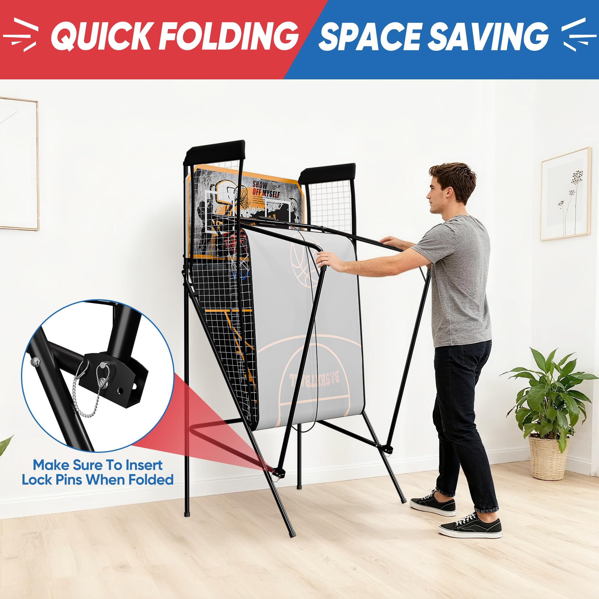 JupiterForce Foldable Indoor Basketball Arcade Game, Electronic Dual Shot Basketball Hoop Arcade Game Machine with 4 Balls and LED Scoring for 2 Players Home Play, Adults