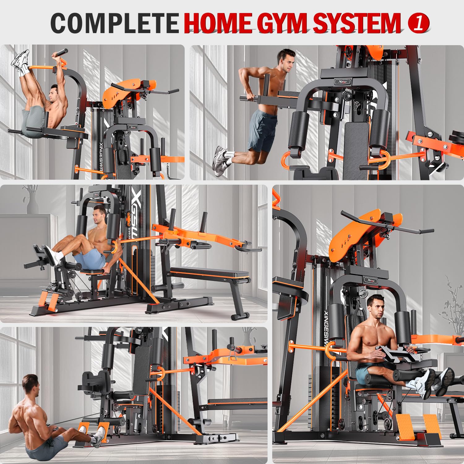 XGSW Multi-Function Home Gym Workout Station, Featuring a Pulley System, arm Trainer, and Leg Trainer for Full-Body Workouts.