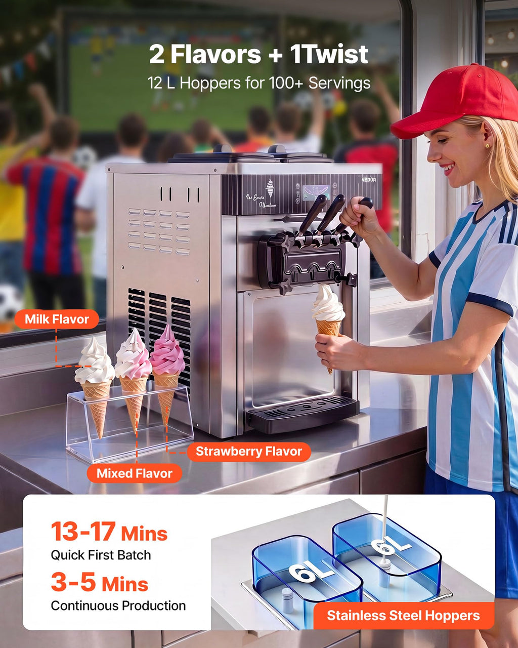 VEVOR Commercial Ice Cream Machine, 21 QT/H Soft Serve Ice Cream Maker with LCD Panel Auto Clean 3-Flavor Pre-cooling for Restaurant Snack Bar