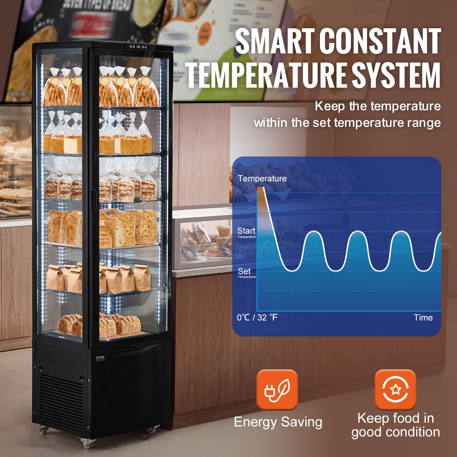 VEVOR Refrigerated Display Case, 3.5 Cu.Ft./100L, 2-Tier, Countertop Pastry Display Case Commercial Display Refrigerator with LED Lighting, TURBO Cooling, Frost-Free Air-Cooling, Rear Sliding Door