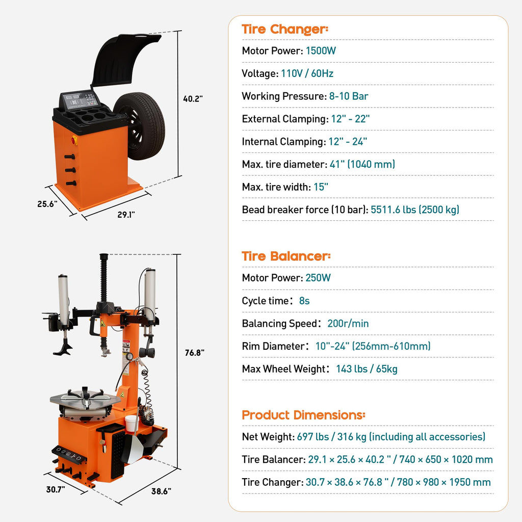 Albott 2HP Tire Changer Machine, 110V Heavy-Duty Wheel Changer for 10"–24" Rims, Outside Clamp 10"–20" Inside Clamp 12"–24", Tire Mounting and Demounting Tool for Home Garage & Auto Shop