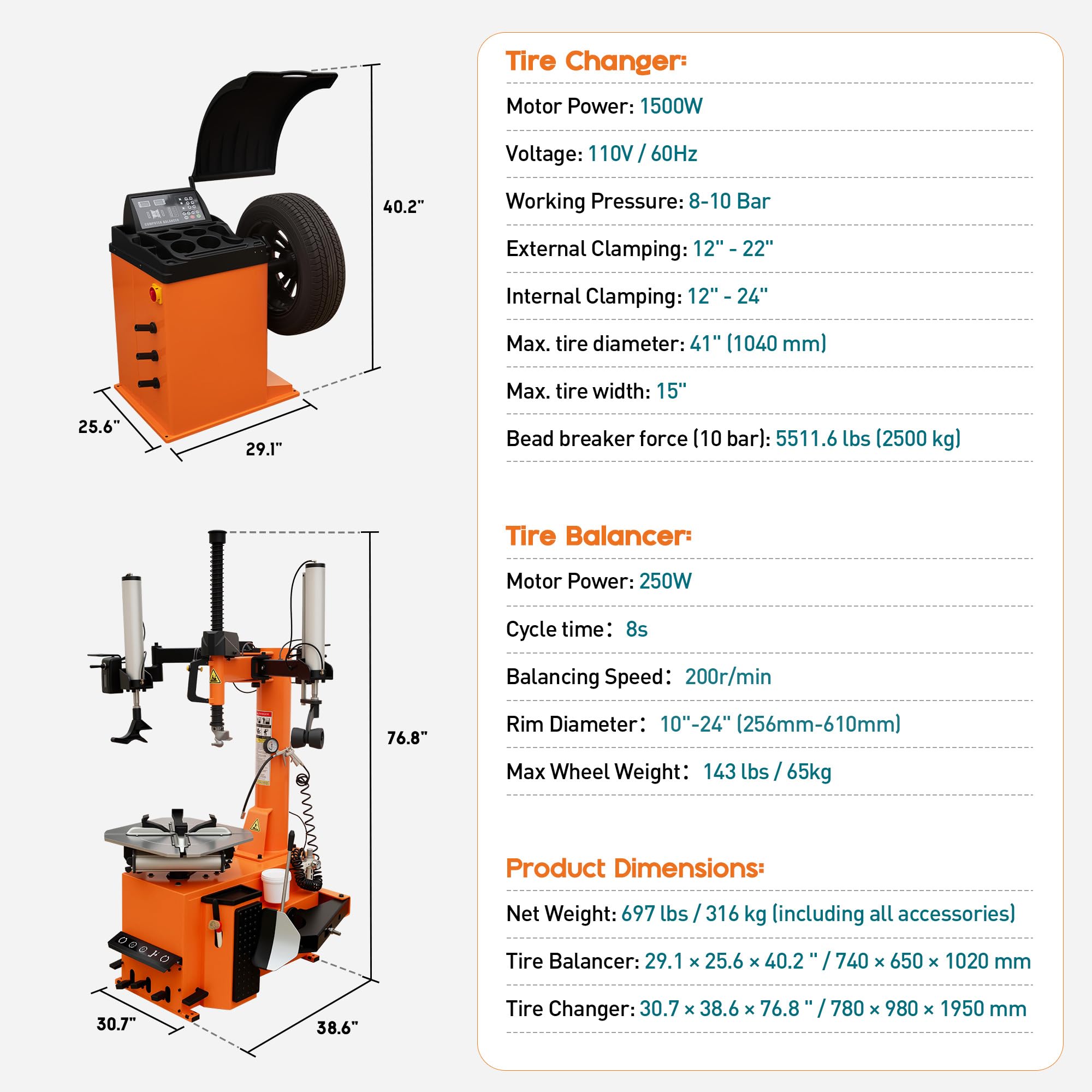 Albott 2HP Tire Changer Machine, 110V Heavy-Duty Wheel Changer for 10"–24" Rims, Outside Clamp 10"–20" Inside Clamp 12"–24", Tire Mounting and Demounting Tool for Home Garage & Auto Shop