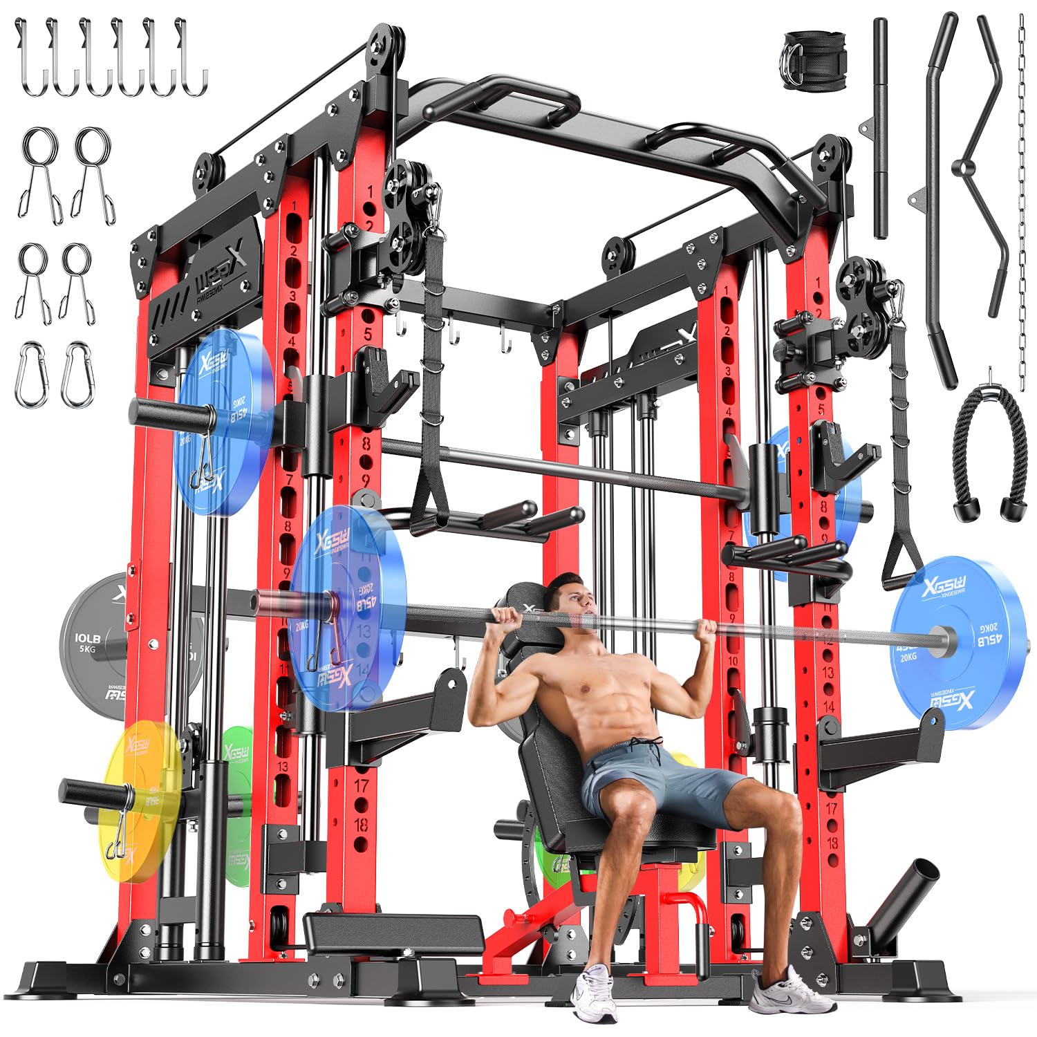 Smith Machine with Cable Crossover System, Multi-Function Power Cage Squat Rack for Home Gym, Power Rack and Packages Weight Sets.