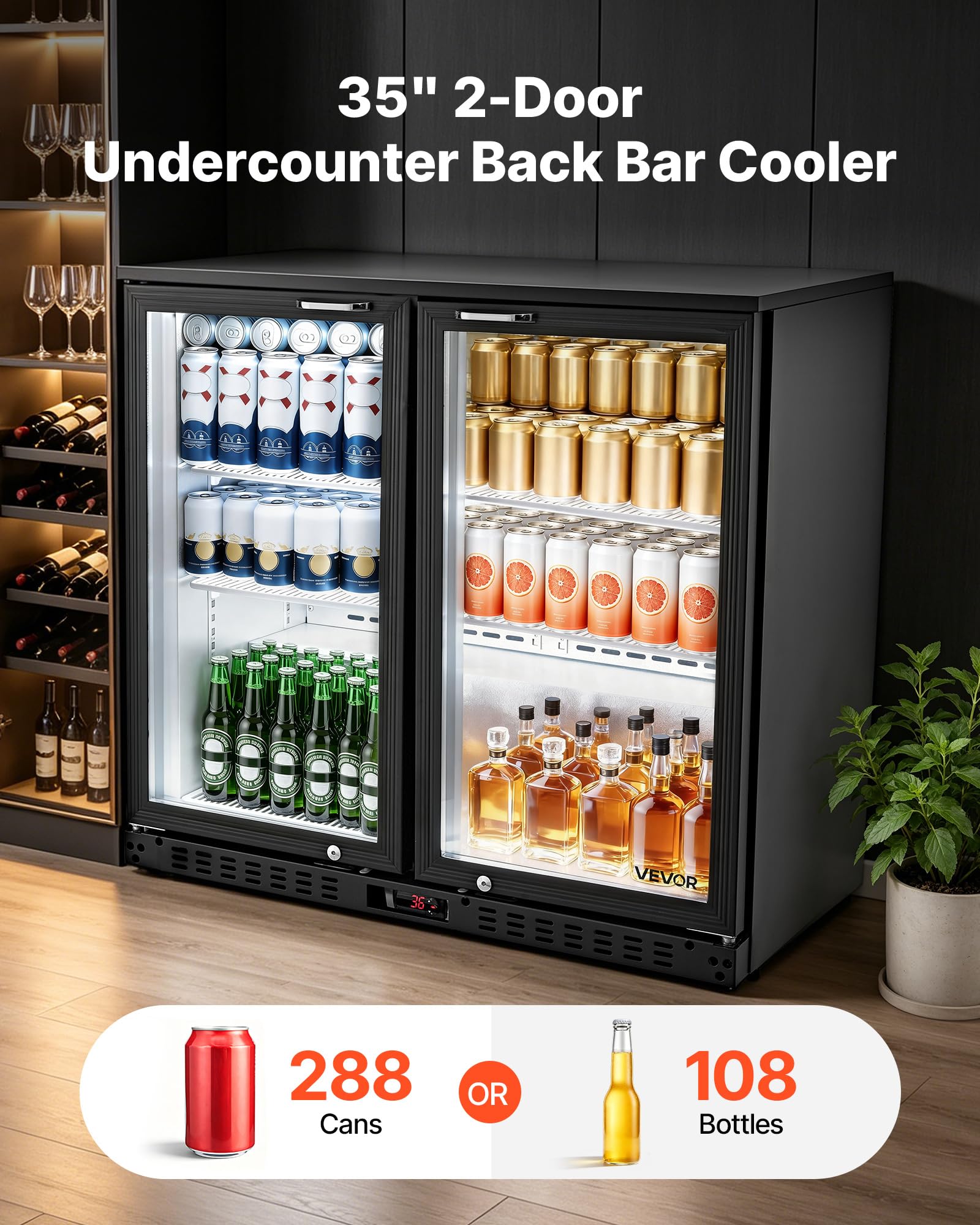 VEVOR Back Bar Cooler, 11.8 Cu. Ft Counter Height Beverage Refrigerator, Commercial Display Fridge w/ 2 Glass Doors, LED Lighting, Shelves, Fan Cooling Beer Wine Cooler for Pub, Merchandiser, Office