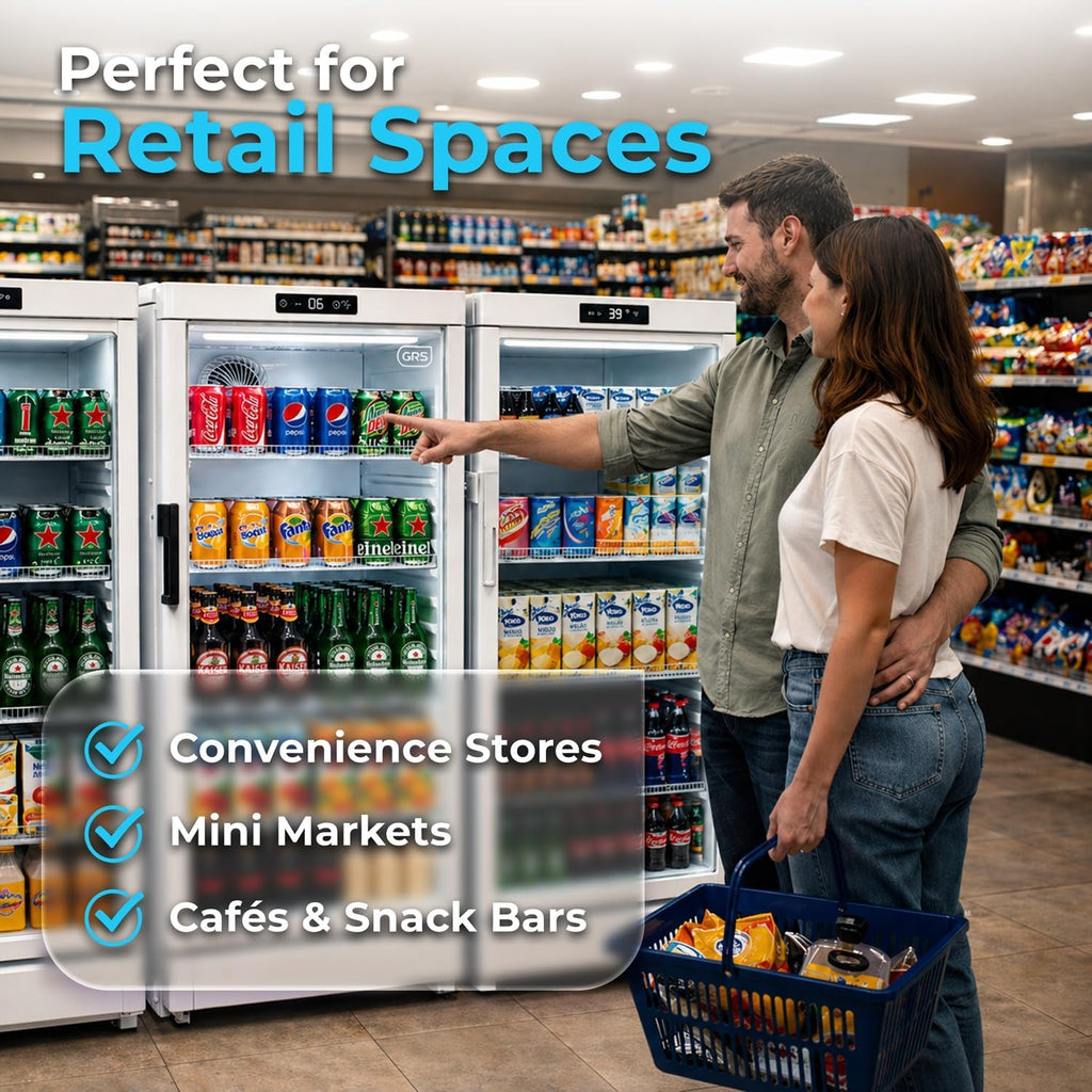 GRS Commercial Display Refrigerator with Glass Door Lock | Cool Air Flow & Temperature | Beverage fridge, Drink and Wine Cooler with Adjustable Display Shelf for Stores and Bars | Black, 7.1 Cu. Ft