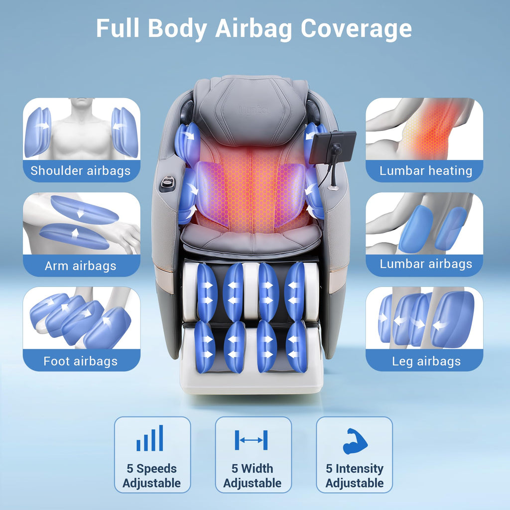 MYNTA Massage Chair Full Body, 170° Flexible SL Track Shiatsu 3D Massage Chairs with Zero Gravity, Bluetooth Speaker, Airbags & Heating, MC1650(Grey)