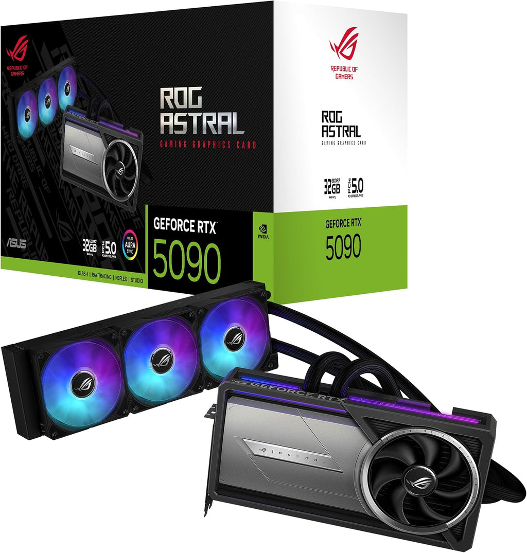 Asus ROG Astral LC GeForce RTX 5090 Gaming Graphics Card (PCIe 5.0, 32GB GDDR7, HDMI/DP 2.1, Cooling Plate, 360mm Radiator, Chain-Connectable Magnetic Fans)