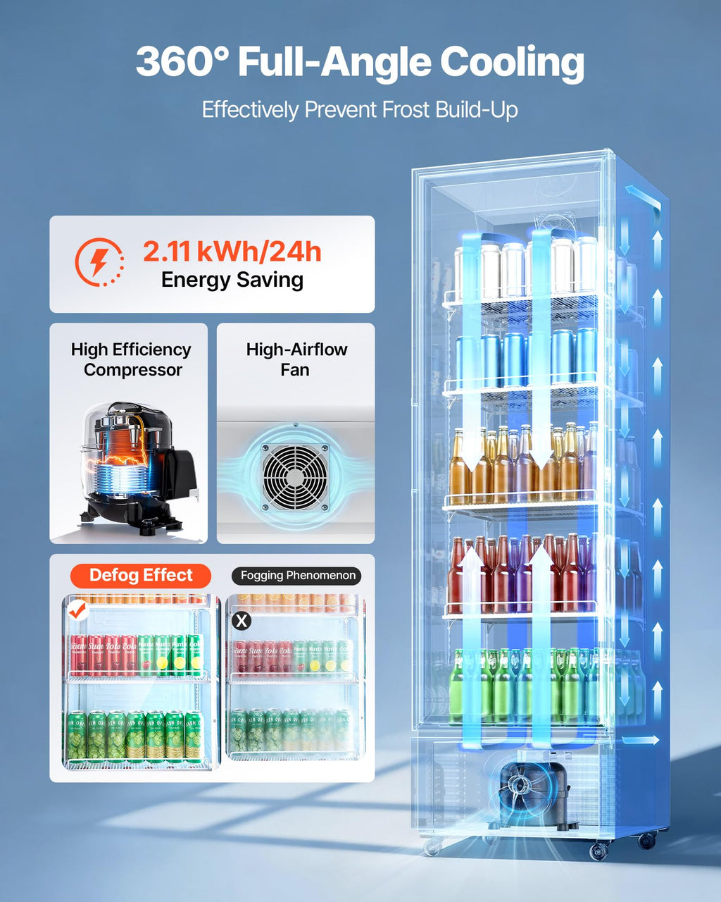 VEVOR Commercial Merchandiser Refrigerator, 6.9 Cu.Ft / 195L Glass Door Display Refrigerator, Upright Beverage Cooler Fridge with 4 Adjustable Shelves, Soft LED Light & Casters for Homes Shops Bars