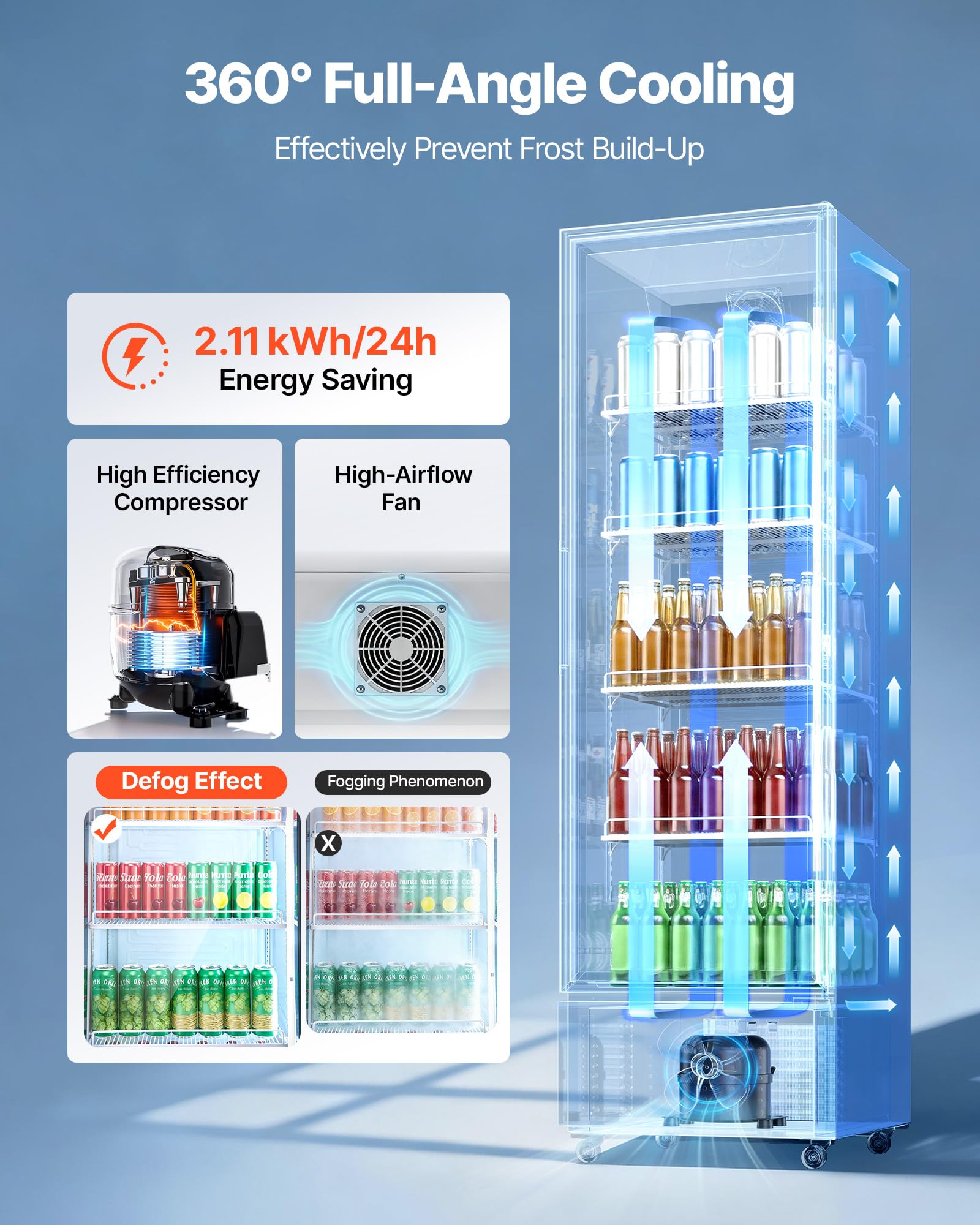 VEVOR Commercial Merchandiser Refrigerator, 6.9 Cu.Ft / 195L Glass Door Display Refrigerator, Upright Beverage Cooler Fridge with 4 Adjustable Shelves, Soft LED Light & Casters for Homes Shops Bars