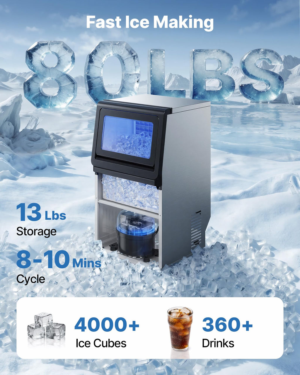 VEVOR Commercial Ice Maker Machine, 100 lbs/24h with 30-35 lbs Storage, Bullet Ice,Built-in/Freestanding/Under Counter, Stainless Steel Ice Maker with LED Display for Home Bar Restaurant
