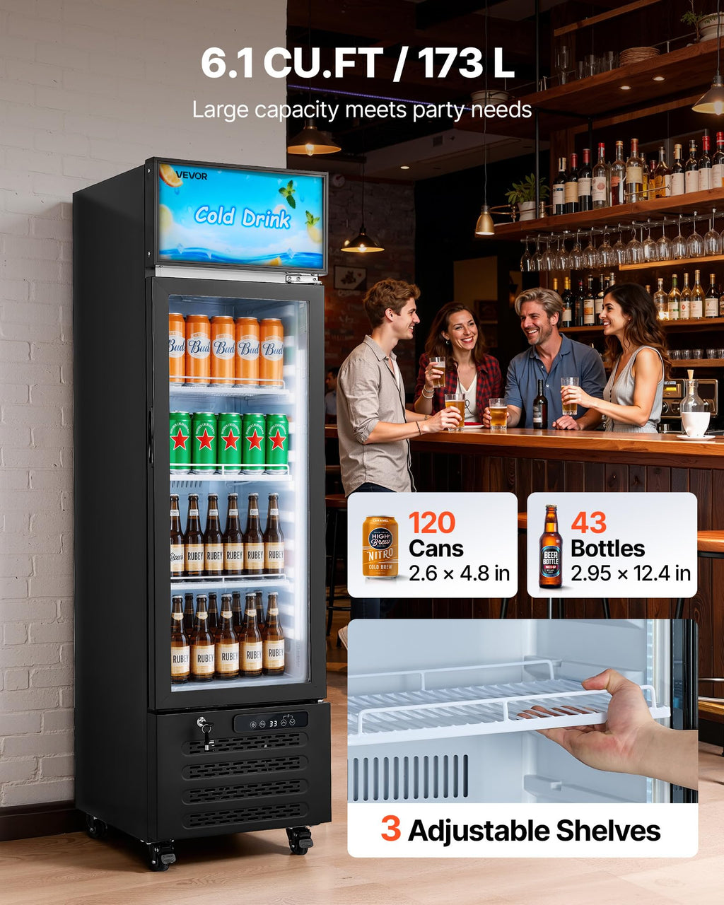 VEVOR Commercial Merchandiser Refrigerator, 6.9 Cu.Ft / 195L Glass Door Display Refrigerator, Upright Beverage Cooler Fridge with 4 Adjustable Shelves, Soft LED Light & Casters for Homes Shops Bars