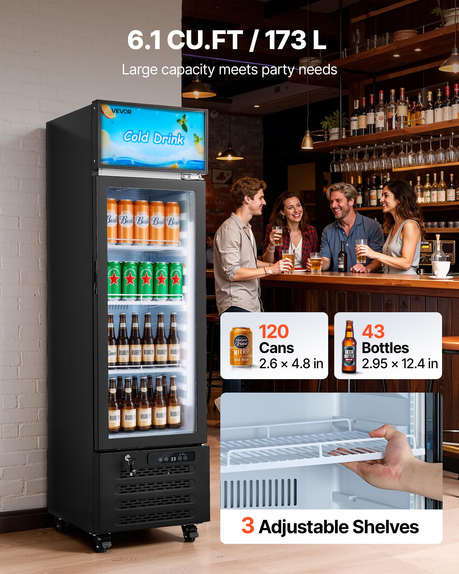VEVOR Commercial Merchandiser Refrigerator, 6.9 Cu.Ft / 195L Glass Door Display Refrigerator, Upright Beverage Cooler Fridge with 4 Adjustable Shelves, Soft LED Light & Casters for Homes Shops Bars