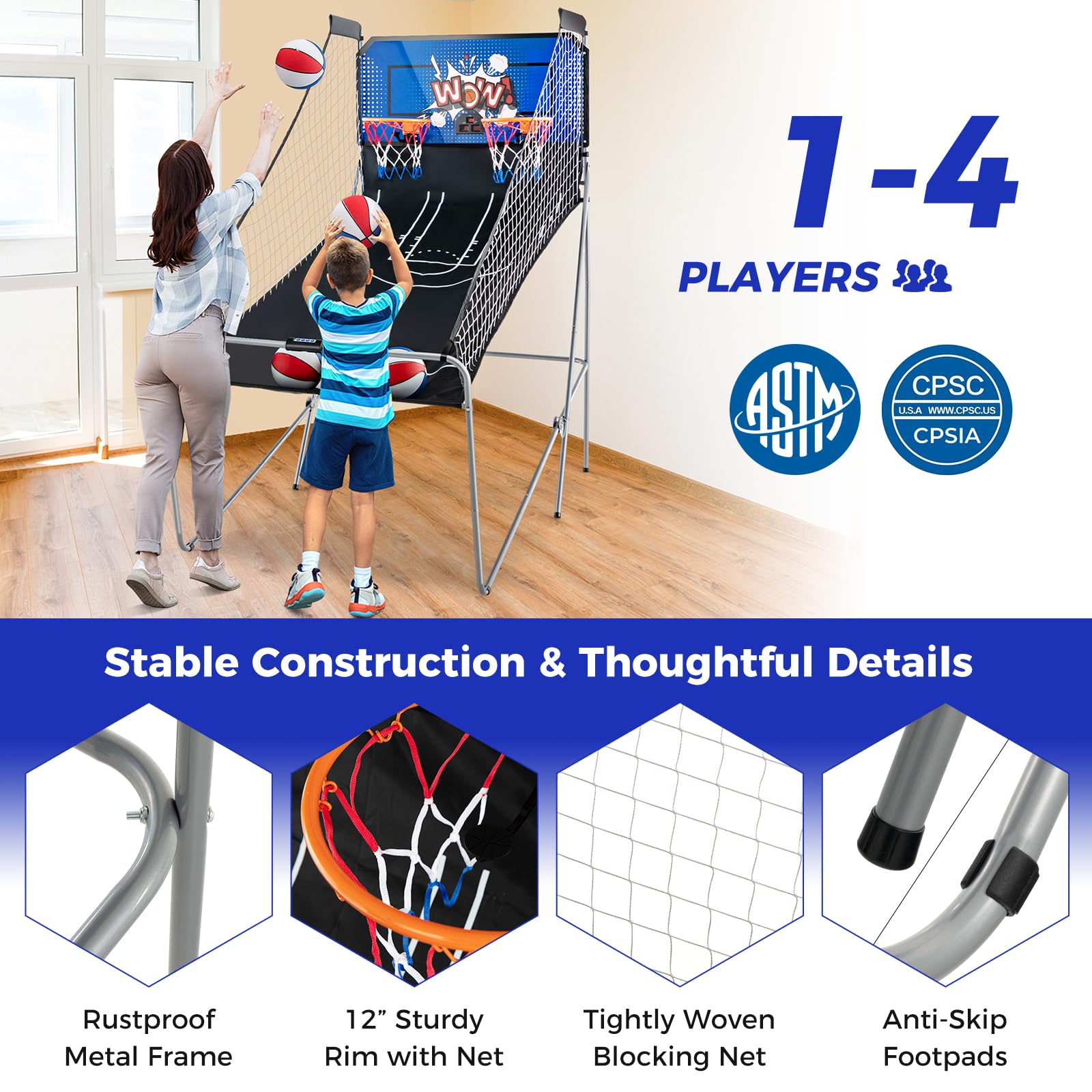 KOTEK Basketball Arcade Game Indoor, Foldable Dual Shot Electronic Basketball Games for 2 Players w/8 Game Options & LED Scoring System, Basketball Hoop Arcade for Family Home Play (Green)