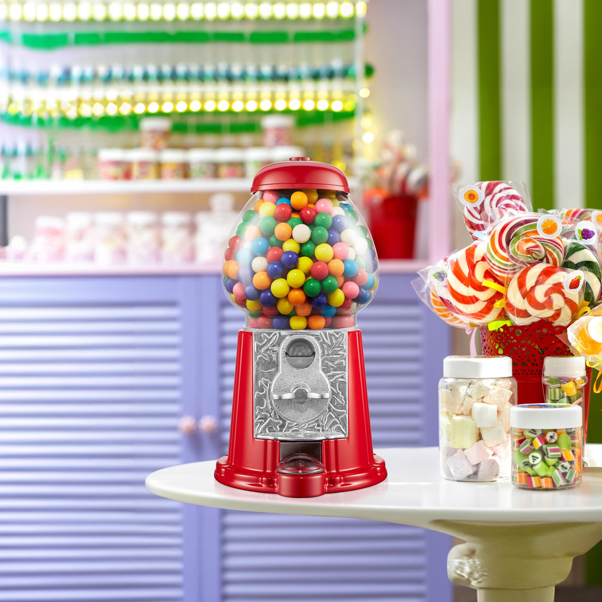Olde Midway 15" Gumball Machine with Glass Globe and Metal Base - Red, Vintage-Style Bubble Gum Candy Dispenser