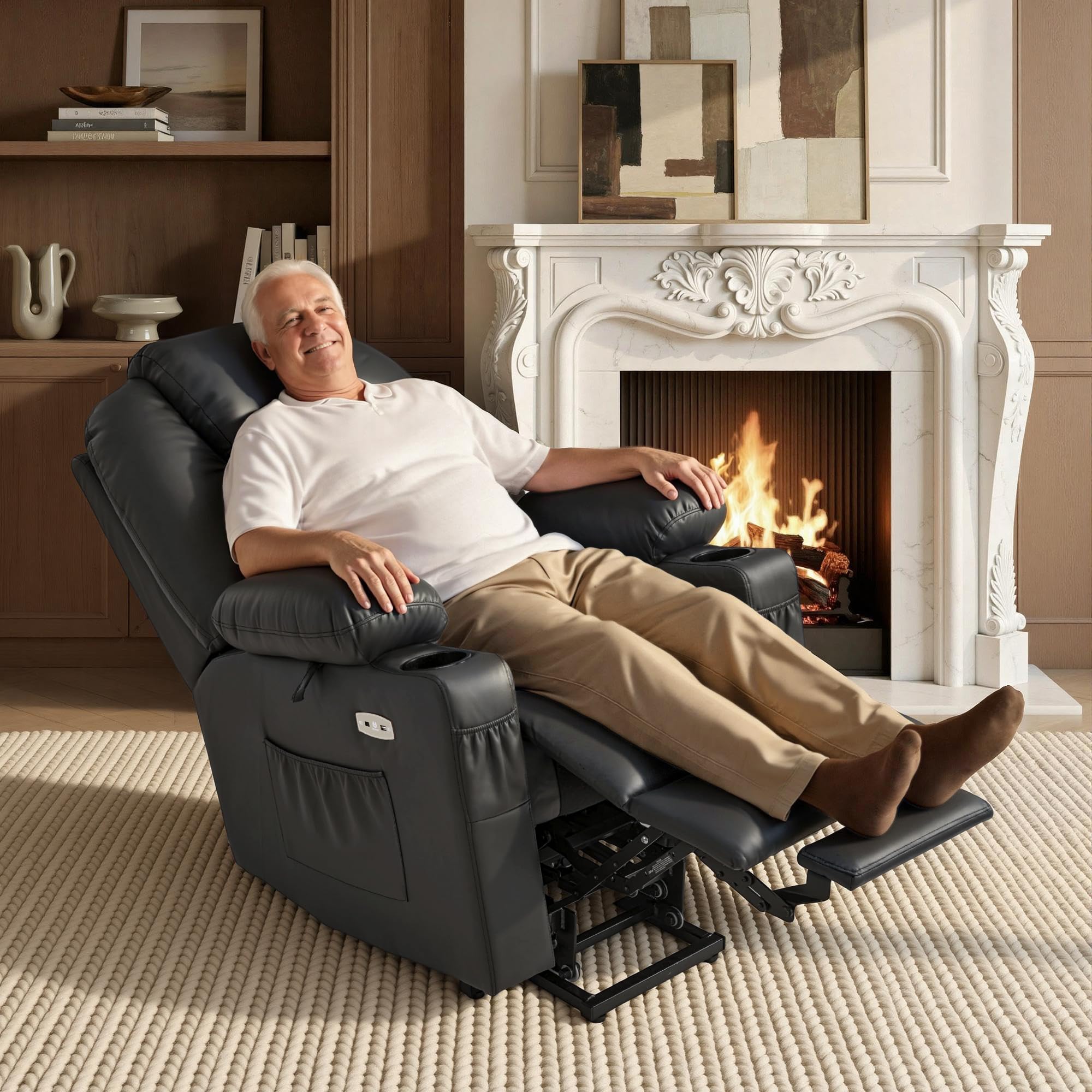 MCombo Electric Power Lift Recliner Chair Sofa with Massage and Heat for Elderly, 3 Positions, 2 Side Pockets, and Cup Holders, USB Ports, Faux Leather 7040 (Grey, Medium)