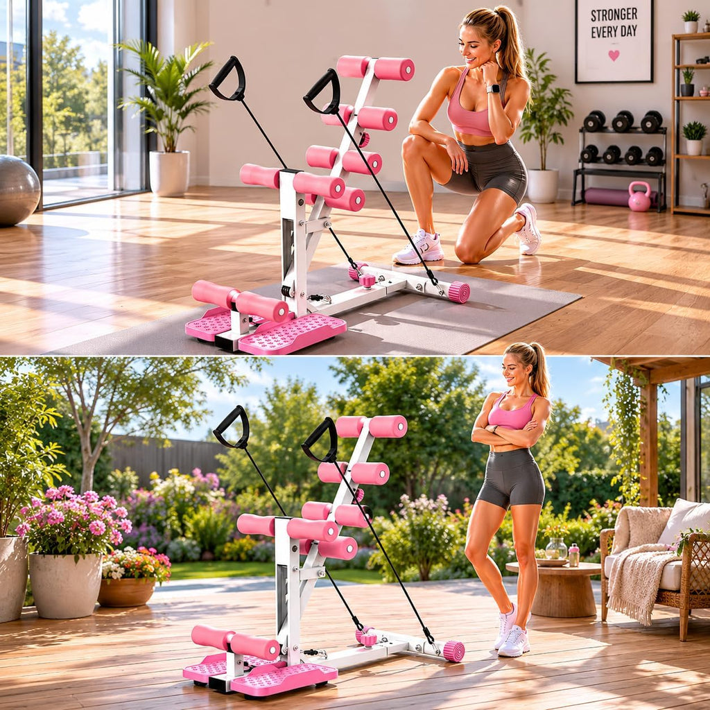 KINMAC Deep Squat Machine for Home-Glutes Trainer Machine with Resistance Bands Squat Assist Trainer for Core & Legs Workout Ideal for Home Gym, Apartment & Office-White Pink