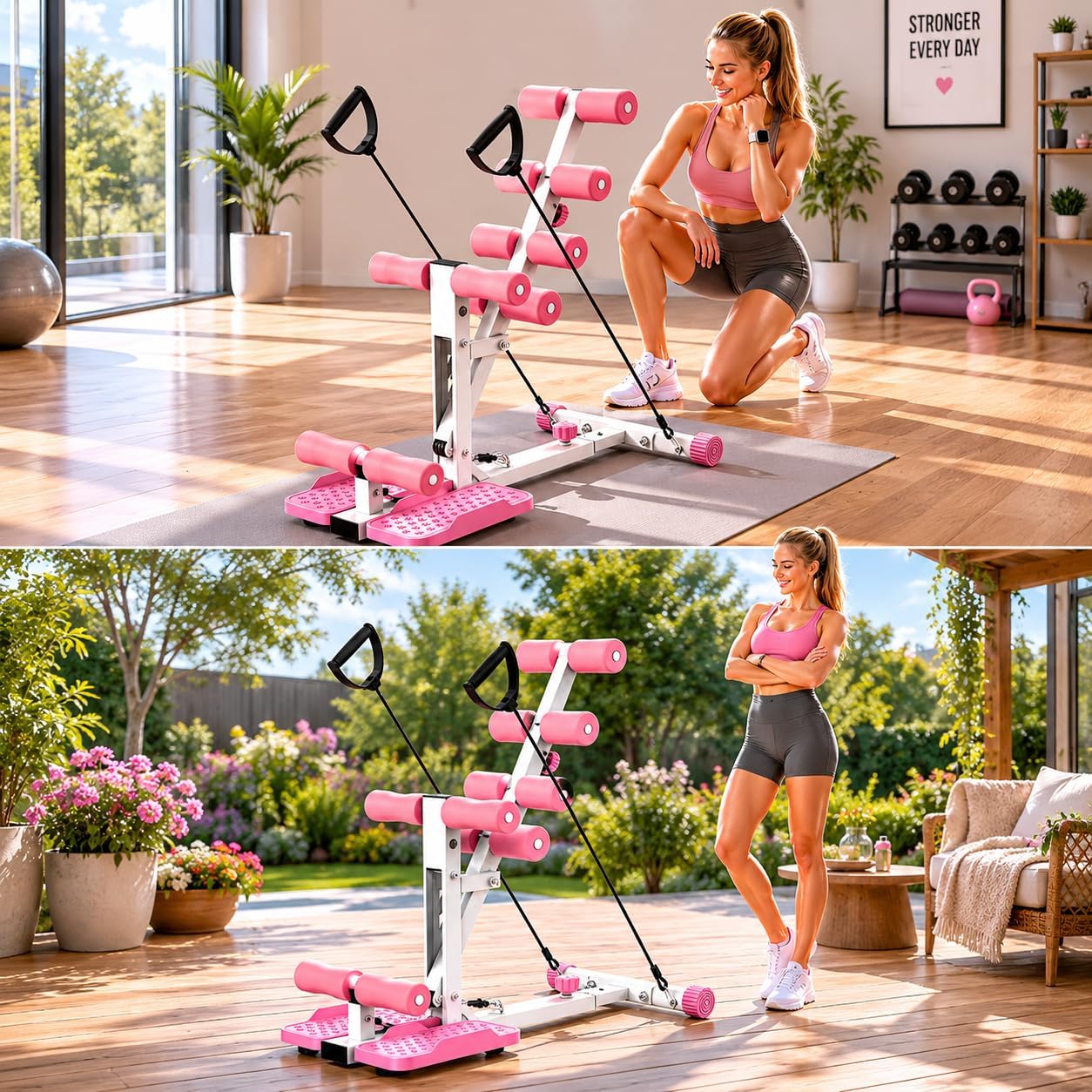 KINMAC Deep Squat Machine for Home-Glutes Trainer Machine with Resistance Bands Squat Assist Trainer for Core & Legs Workout Ideal for Home Gym, Apartment & Office-White Pink