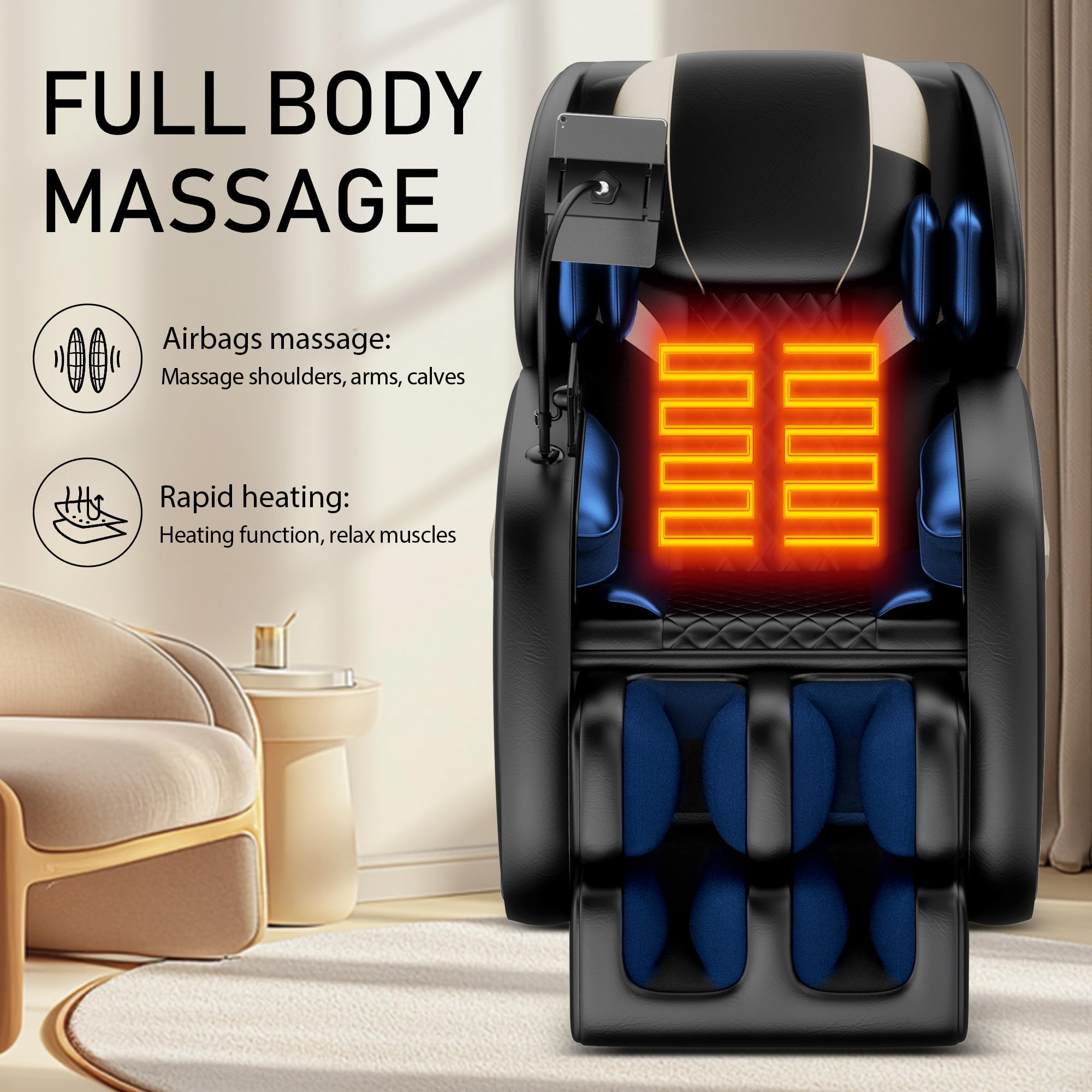 GDFStudio Full Body Massage Chair Recliner with Zero Gravity, Air Pressure Massage, Heat Therapy, Foot Rollers, Bluetooth, for Home/Office Use, Ideal Wellness Gift, Blue A