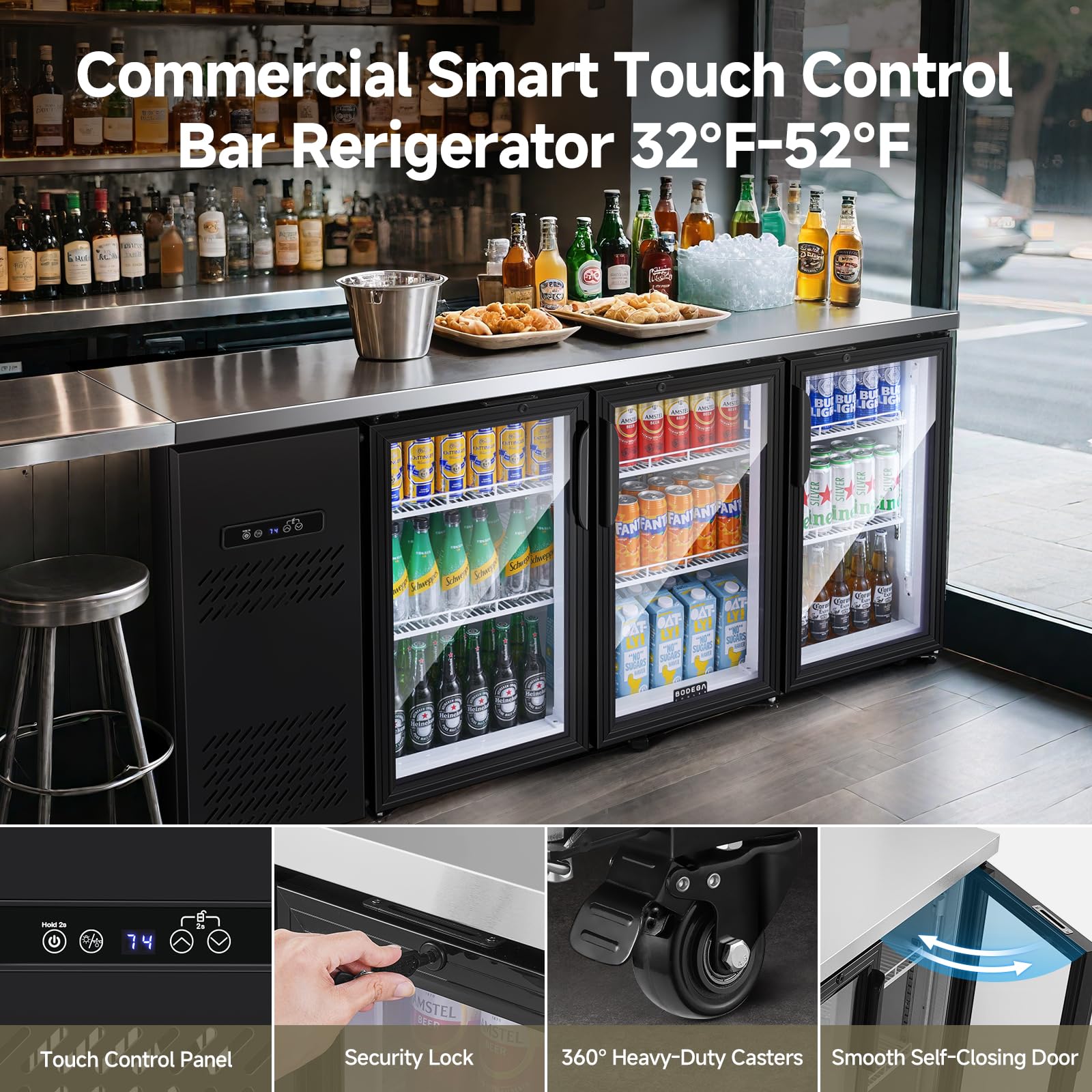 BODEGACOOLER Commercial Beverage Refrigerator with Glass Door,12.5 Cu.Ft Display Merchandiser Drink Refrigerator,Upright Commercial Bar Fridge,Display Drink Cooler,Soft LED Light,Romovable Shelves