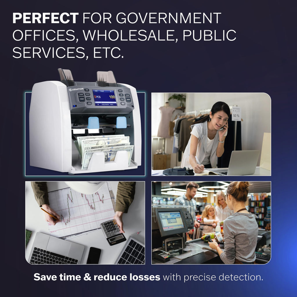 Carnation Money Counter Machine Cash Counting & Mixed Denomination Bill Counter, Portable Currency Detector, Counterfeit Bank Scanner, Dollar Sorter for Commercial, 1100 N/M, UV/MG/MT/IR/2CIS