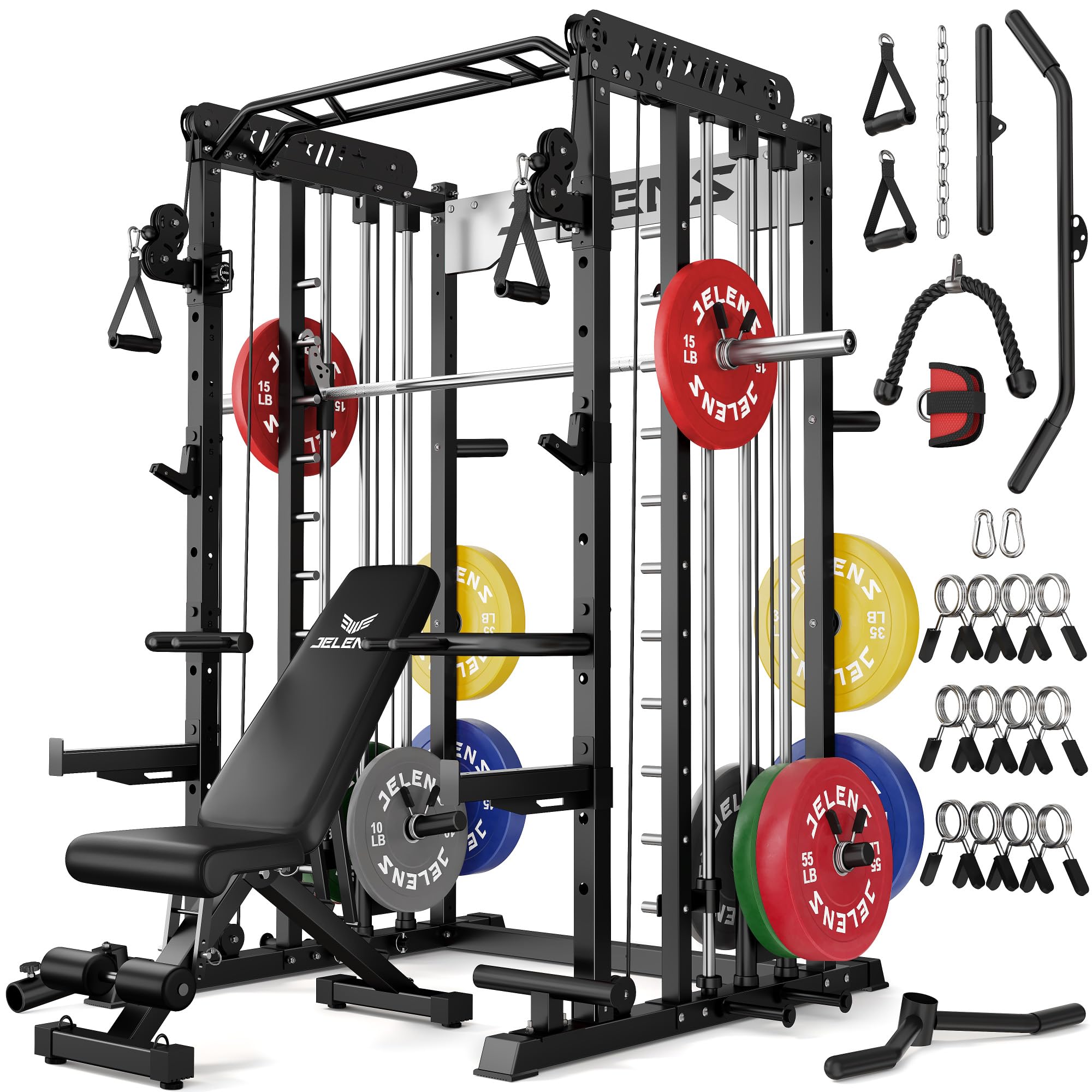 JELENS Smith Machine for Home Gym, Multi-Function M12 Power Cage with Cable Crossover System, Squat Rack with Smith Bar and More Attachment