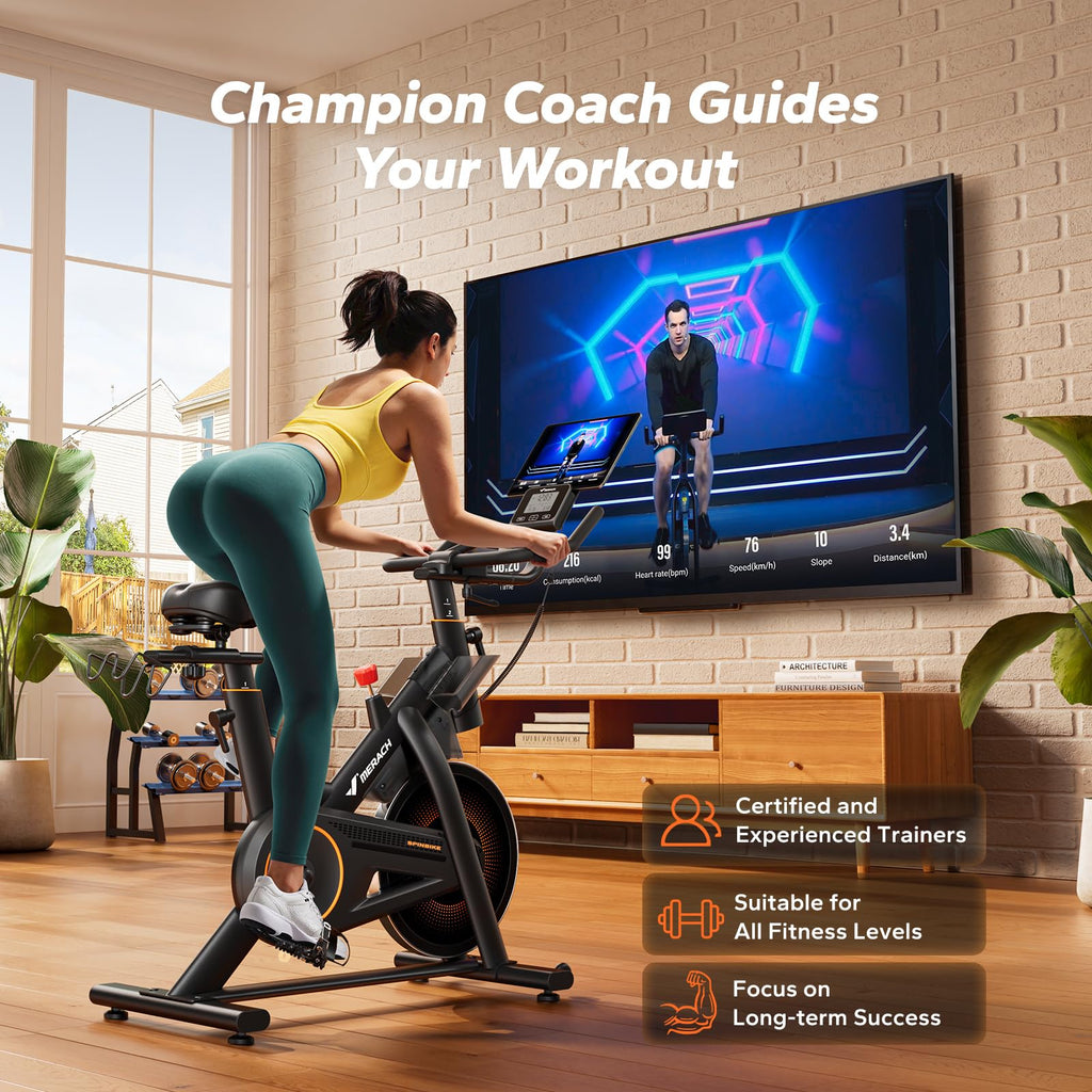 Merach Magnetic Exercise Bike, Heavy Duty Stationary Bike with Automated Resistance, 300 350 Lbs Weight Capacity, Low Noise Indoor Workout Bike for Home Gym with Self-Developed App